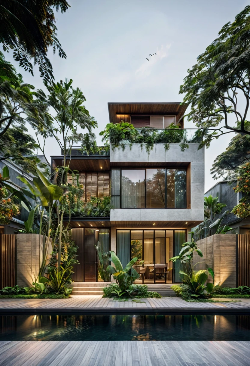 A garden villa typically features luxurious and spacious architecture. It is often designed with an open space leading to a lush tropical garden and a small pool at the back of the house. This creates a peaceful and relaxing environment for the homeowners to enjoy,dynamic (RAW photo, real, best quality, masterpiece:1.2), (hyper realistic, photo-realistic:1.2), high quality, (dark lighting:1.2), perfect lighting, archdaily, architecture digest award wining sustainable architecture, cinematic