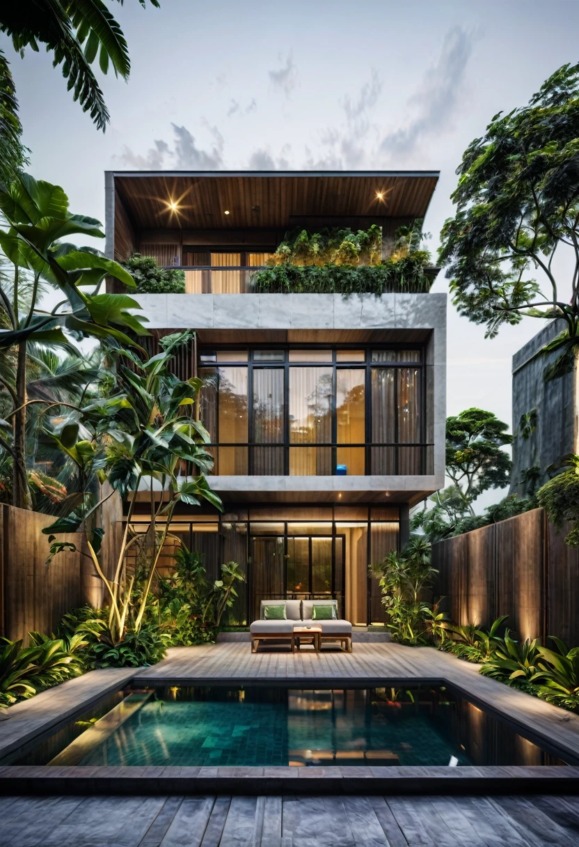 A garden villa typically features luxurious and spacious architecture. It is often designed with an open space leading to a lush tropical garden and a small pool at the back of the house. This creates a peaceful and relaxing environment for the homeowners to enjoy,dynamic (RAW photo, real, best quality, masterpiece:1.2), (hyper realistic, photo-realistic:1.2), high quality, (dark lighting:1.2), perfect lighting, archdaily, architecture digest award wining sustainable architecture, cinematic