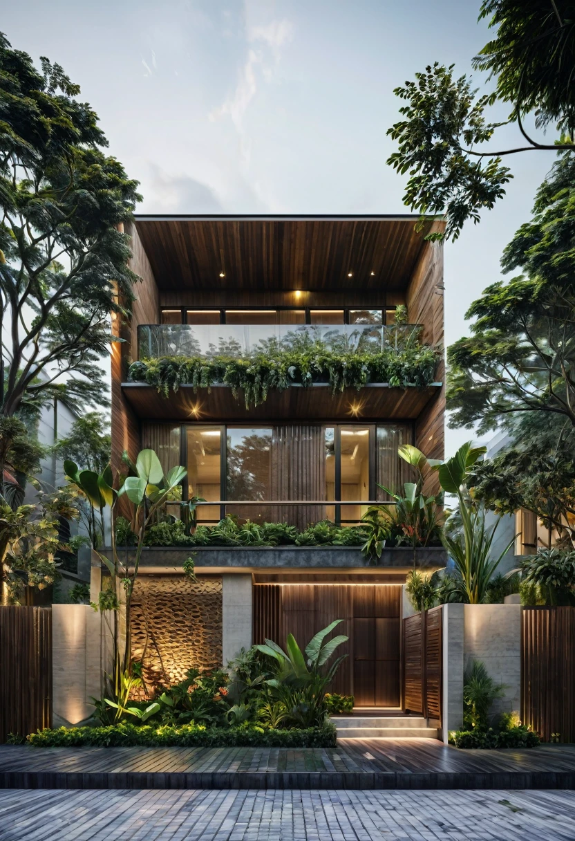 A garden villa typically features luxurious and spacious architecture. It is often designed with an open space leading to a lush tropical garden and a small pool at the back of the house. This creates a peaceful and relaxing environment for the homeowners to enjoy,dynamic (RAW photo, real, best quality, masterpiece:1.2), (hyper realistic, photo-realistic:1.2), high quality, (dark lighting:1.2), perfect lighting, archdaily, architecture digest award wining sustainable architecture, cinematic