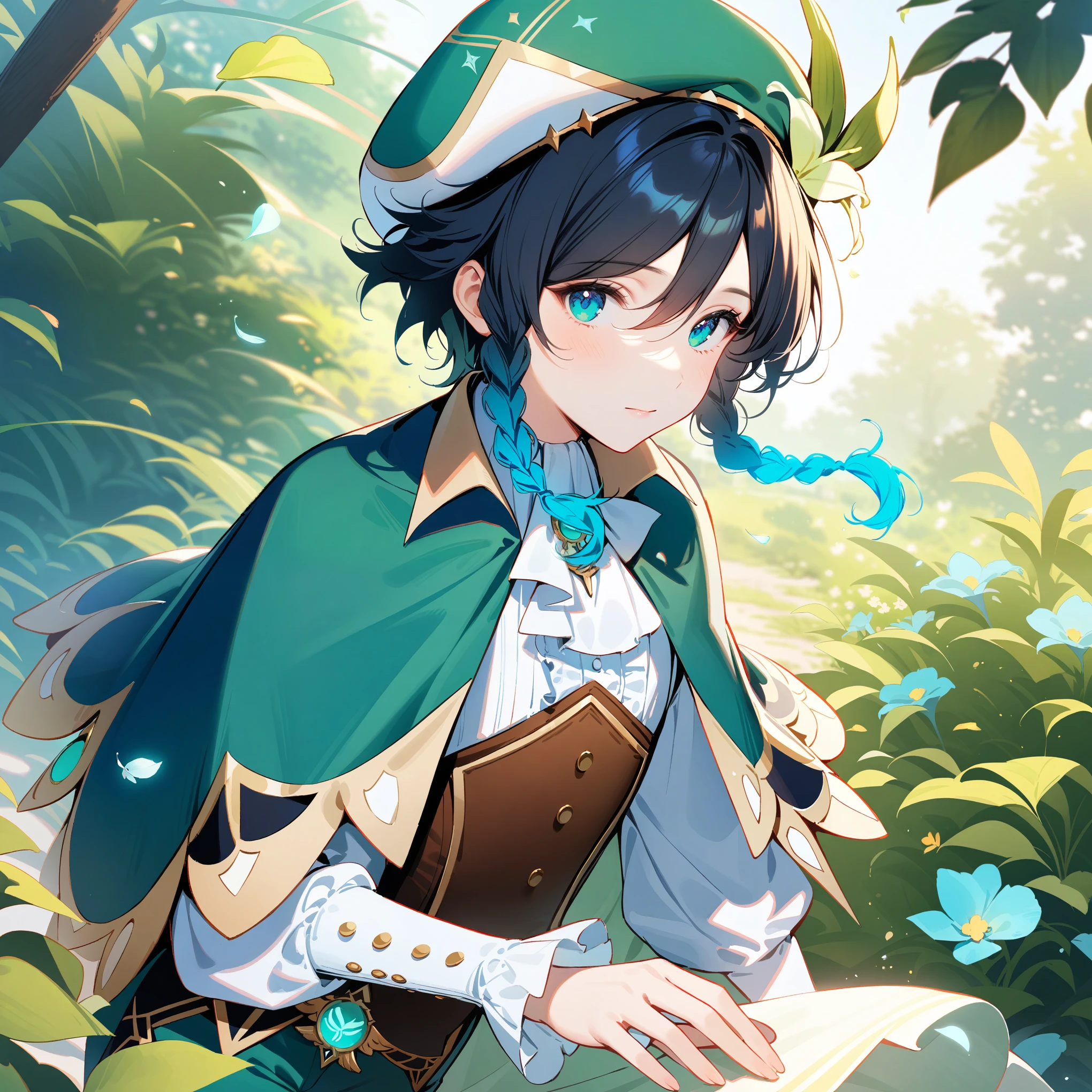 (best quality,4k,8k,highres,masterpiece:1.2),1boy,venti genshin impact,male focus,flat chest,ultra-detailed,realistic:.5,(dsmile:0.5),morning of spring,delicate light rays,rich color palette,elegant curves,effects of light and shadow,flower petals falling,springtime essence,ethereal atmosphere,peaceful garden background,morning dew,soft sunlight filtering through trees,lush plants,komorebi,vividly colored blossoms,transcendent beauty,awe-inspiring artwork,white long-sleeved shirt, brown corset,green shorts, white tights,green cape,hat,brooch,green eyes,wise and kind god,cinematic lighting, ray tracing, UHD, high details, high quality, award winning, super detail,wind magic