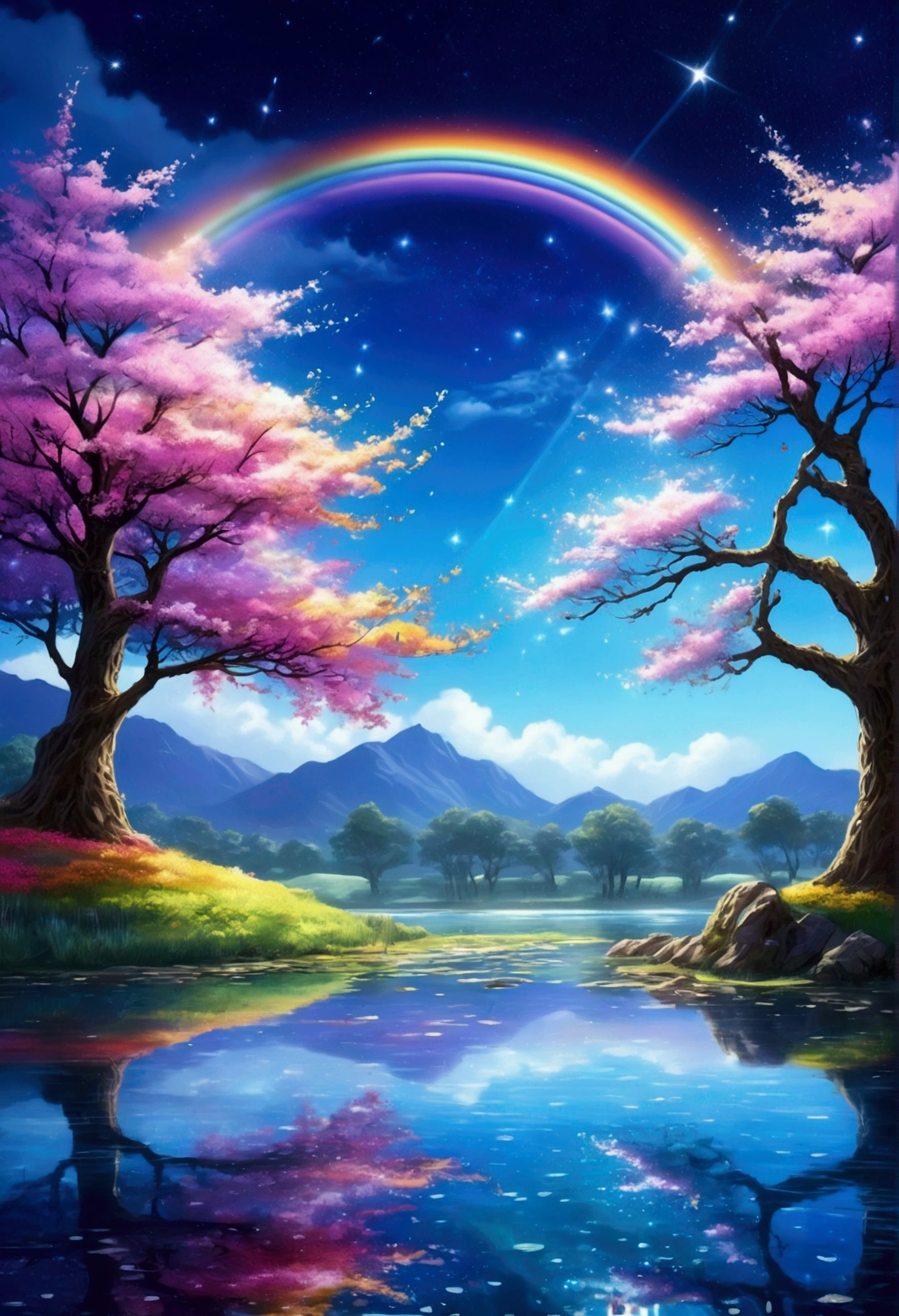 mysterious scenery and ((Glowing starry blue and white flowers emitting light particles around the pond)),Soft glowing butterfly, (A beautiful bright purple cherry blossom tree), (((Unique view with extremely vivid multicolors without any people))), {Extremely detailed 16K CG unified wallpaper}, vast natural landscape photography, (broad horizons), (low angle shot),intricate details, (Rainbow Colors: 1.6), (Night lighting), (mood lighting), Dreamy, Unique, nobody, Reflection Perfection,(nobody類),Only scenery, pixiv_fantasy,((starlit pond,The water is filled with sparkling stardust)),Night