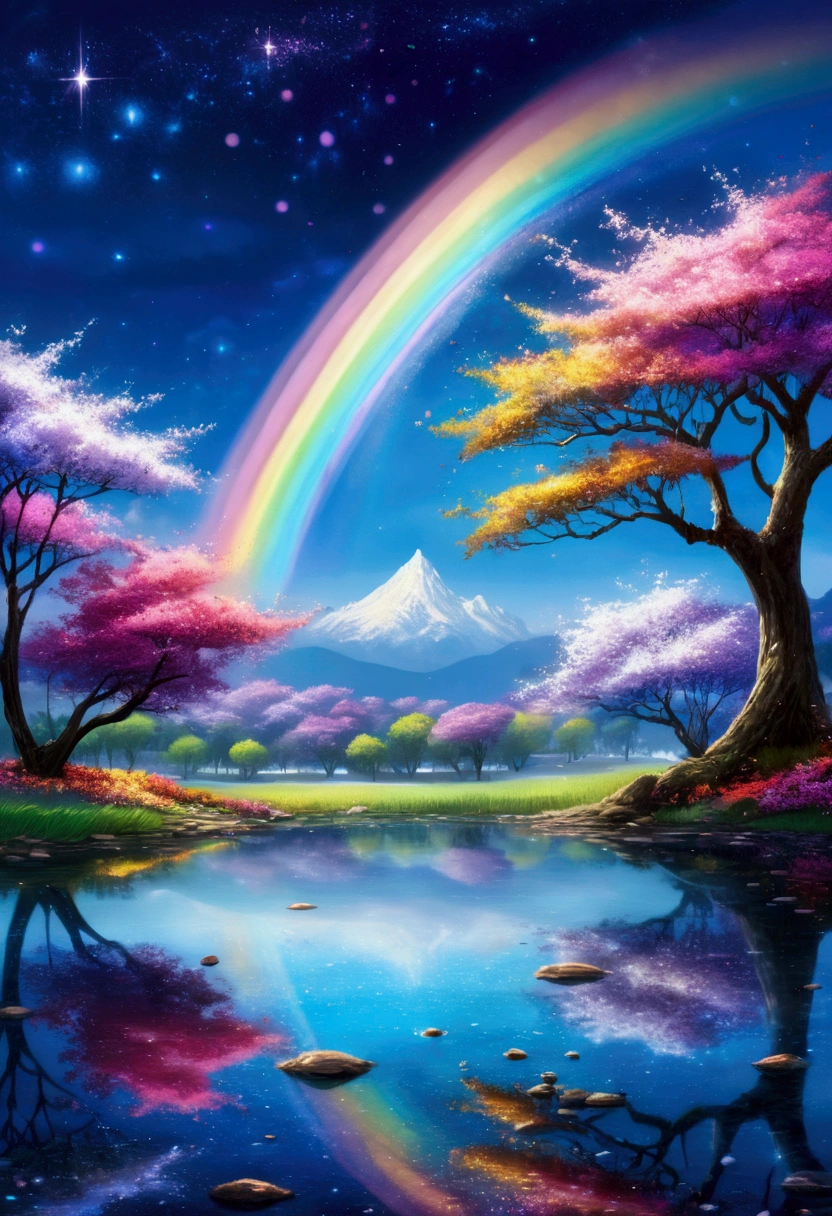 mysterious scenery and ((Glowing starry blue and white flowers emitting light particles around the pond)),Soft glowing erfly, (A beautiful bright purple cherry blossom tree), (((Unique view with extremely vivid multicolors without any people))), {Extremely detailed 16K CG unified wallpaper}, vast natural landscape photography, (broad horizons), (low angle shot),intricate details, (Rainbow Colors: 1.6), (Night lighting), (mood lighting), Dreamy, Unique, nobody, Reflection Perfection,(nobody類),Only scenery, pixiv_fantasy,((starlit pond,The water is filled with sparkling stardust)),Night