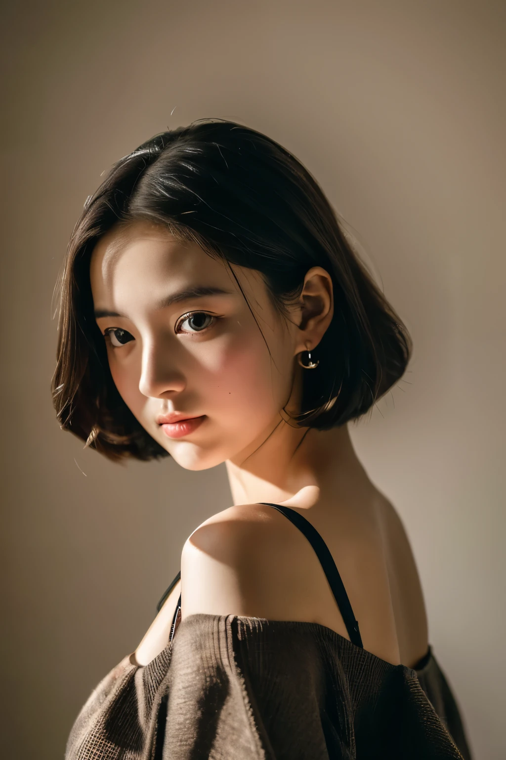 Highest quality, masterpiece, Ultra-high resolution, (Realistic:1.4), RAW Photos, One Girl, Off the shoulder, In the Dark, Deep Shadow, Moderate, Cold Light Bust Top、Caravaggio style、