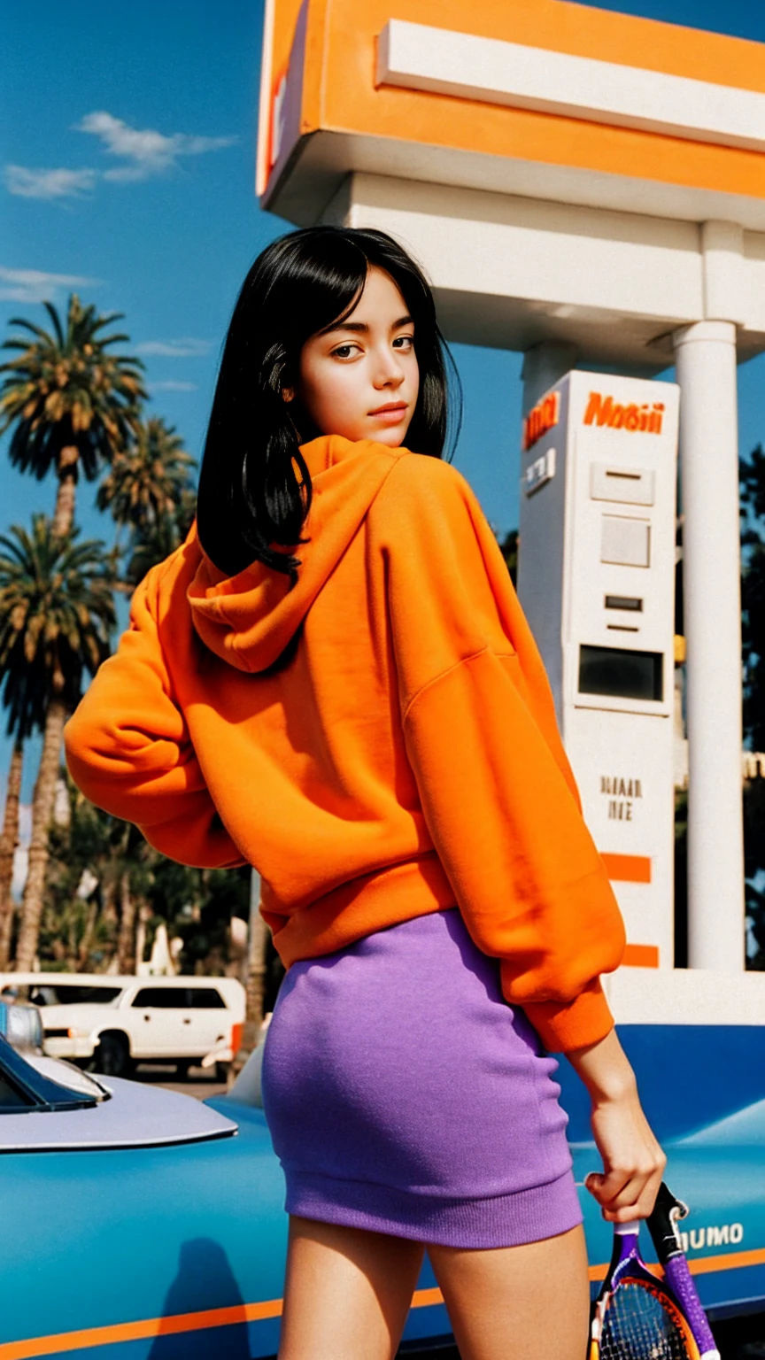 ((medium shot cimematic portrait)) one of cute 23 yo girl, natural medium breast,wear ((orange oversized_hoodie)), wear ((purple tennis skirt)),looking front,Best Quality,Masterpiece,Ultra High Resolution,(Realisticity:1.4),Original Photo, 1Girl, light leak,ultra high resolution,UHD,beautiful, (black straight hair), almond eye, no makeup, in front of ((80's colorful gas station)), (realistic:1.2), (very detailed:1.1), ((masterpiece)),summer, blue sky, palm trees,sunny, los angles vibes,film camera, 800mm lens,style of Philip Lorca diCorcia