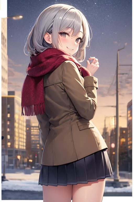 ((Highest quality)), ((masterpiece)), (detailed), One girl, 、Back view、Winter clothes、Gray Hair、Scarf、mini skirt、blush、smile