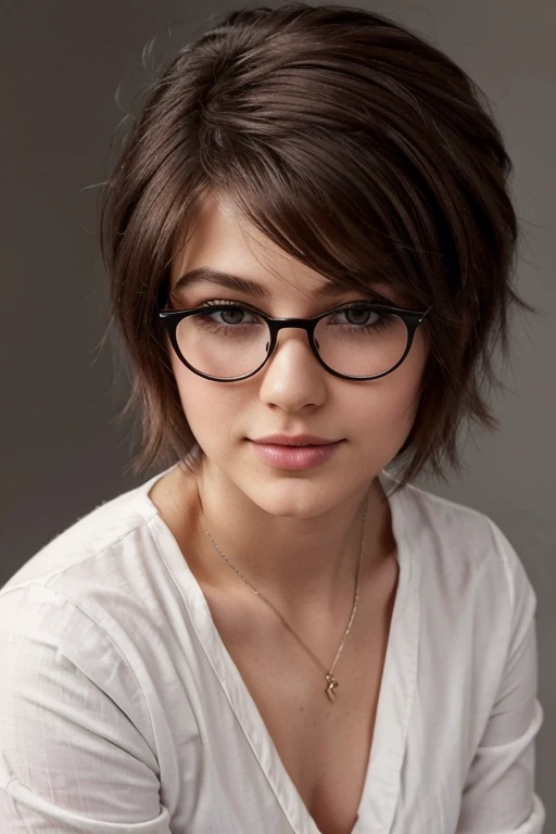 B&W photo, masterpiece, Humanity, Charming chubby Russian fashion model 22 years old with aesthetic small breasts, round face, round cheeks, round chin, beautiful proportional small wide nose, dark brown eyes, long eyelashes, Sarcastic Look, glasses with lenses, plump sensual lips, ironic one-sided half-smile, very tousled dark brown tousled short hair, spiky tousled hair, white cotton button-down shirt, gray background Portrait-Medium plan