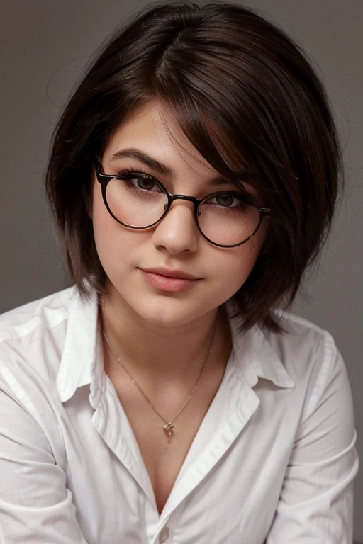 B&amp;W photo, masterpiece, Humanity, Charming chubby Russian fashion model 22 years old with aesthetic small breasts, round face, round cheeks, round chin, beautiful proportional small wide nose, dark brown eyes, long eyelashes, Sarcastic Look, glasses with lenses, plump sensual lips, ironic one-sided half-smile, very tousled dark brown tousled short hair, spiky tousled hair, white cotton button-down shirt, gray background Portrait-Medium plan