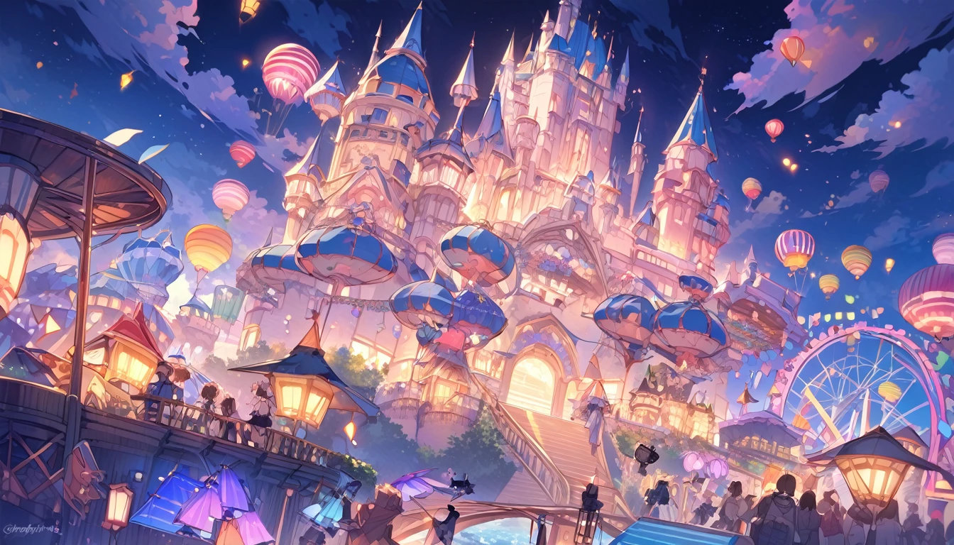 paradise,There is a Ferris wheel and a castle,night,unmanned,Bright colors,Joyful atmosphere,There are dark clouds in the sky