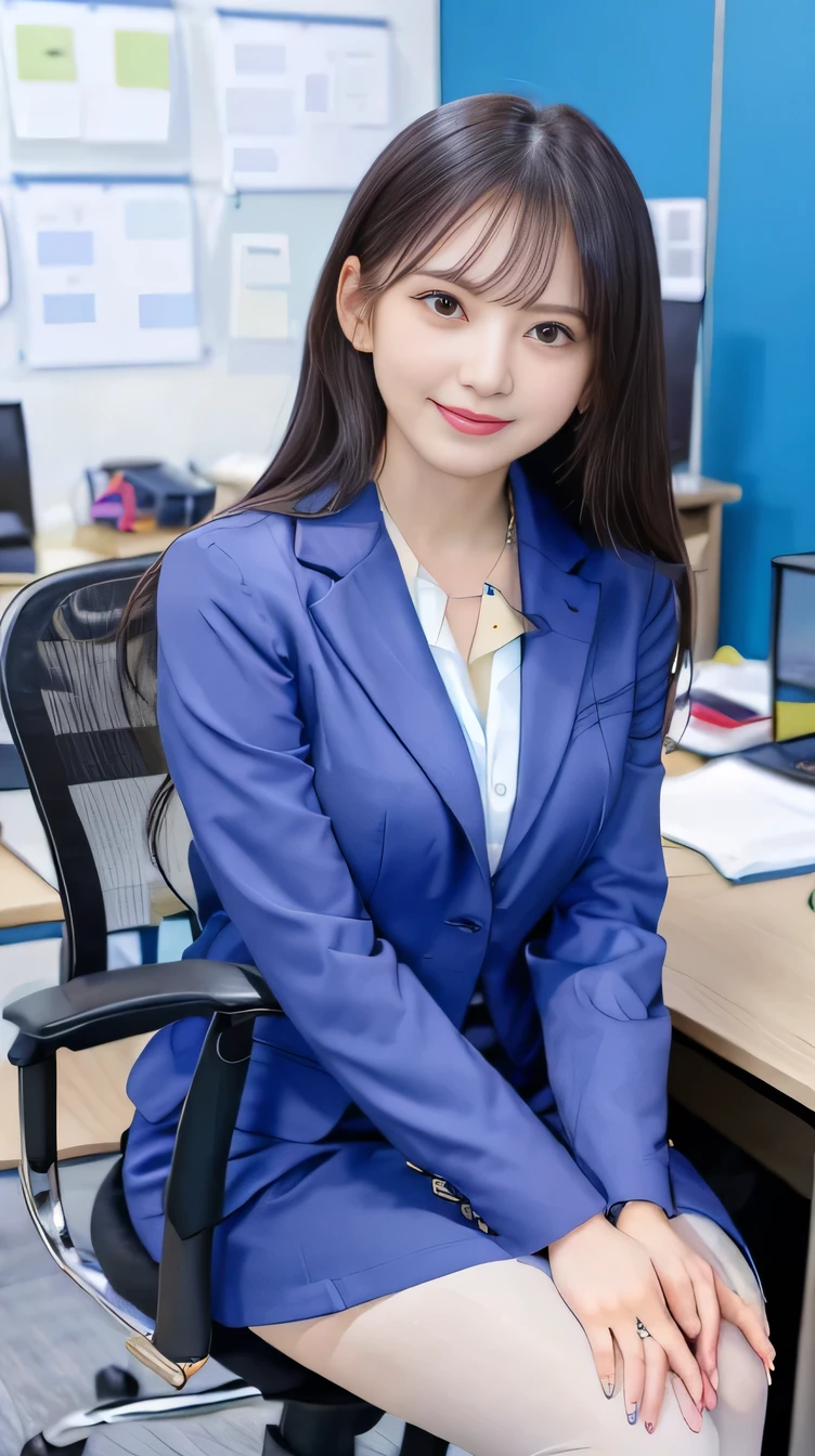 Highest quality:1.2), RAW Photos, High resolution, Very detailed, Intricate details, Woman sitting on office chair、(Full body photo)、Wavy Hair、、ear piercing、smile、Beautiful teeth alignment、Black Hair、 Clear beauty, (High quality fabric, Office Lady Suits 、Knee-length skirt、tights、pumps、Necklace around the neck、, The background is the office