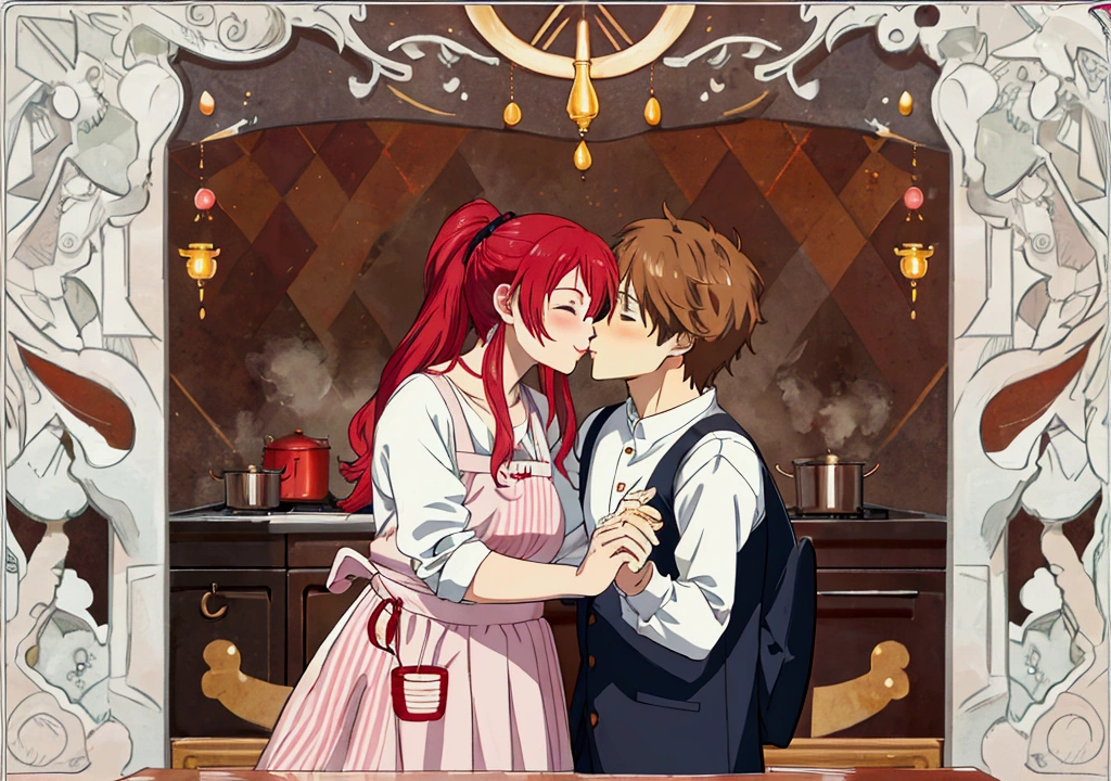 man and woman kissing, warm, romantic, kitchen, passionate, couple, fun, hyper realistic, ultra realistic, human, home vibe, happy, sexy, wallpaper, anime, full body
