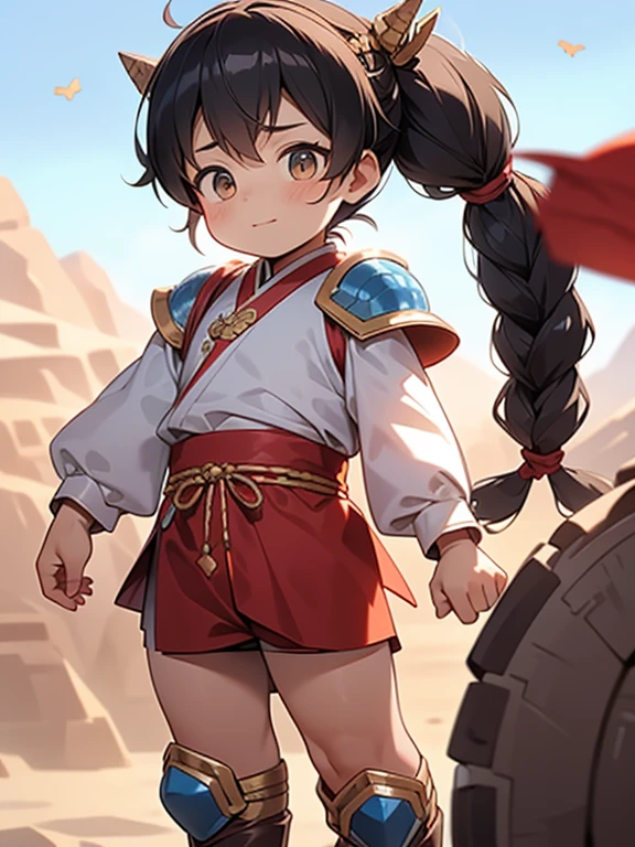 Asian, 7 year old cute boy with long hair bun, armored, traditional mongolian outfit, mongolia, desert camp background