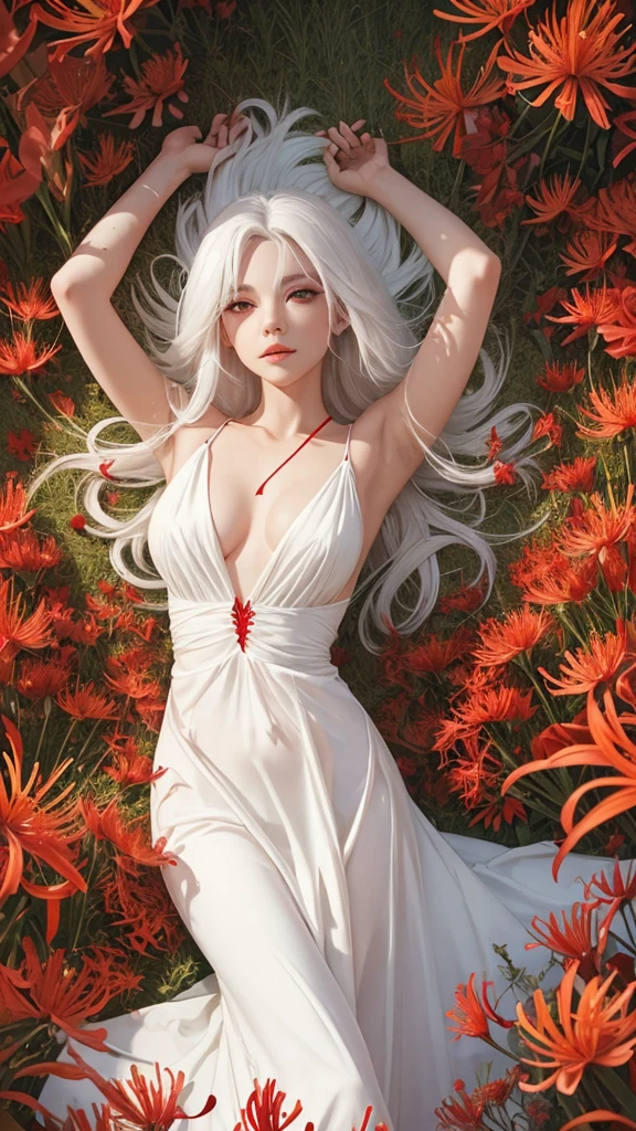 a beautiful lady, red eyes, straight hair, white hair, backless dress, lying in a field of red spider lilies, from above, looking at viewer, red spider lilies