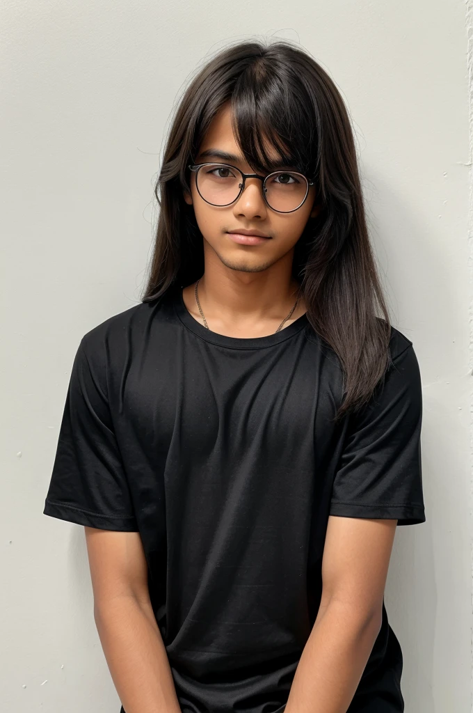 A age boy with silky hair wearing black shirt and givind pose behind white wall with su n glasses