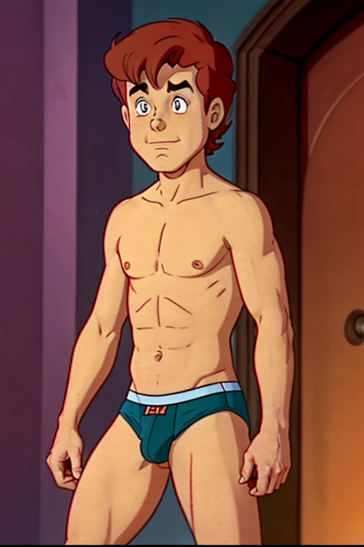 a redhead cartoon character, ((He's wearing only an underwear)), a young male wizard, 1980s cartoon, animated episode still, Presto (((mad)))