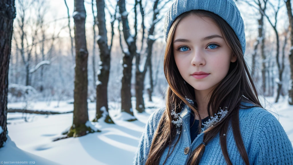 portrait, high quality, Ukrainian  fairy winter snow In the woods through the trees About 10 years old, Blue eyes, Smooth skin, ((Best quality, 8 k, masterpiece :1.3)), 1 girl, Beautiful girl , Casual outfit :1.2, In the woods, ultra detailed face, detailed eyes, double eyelid