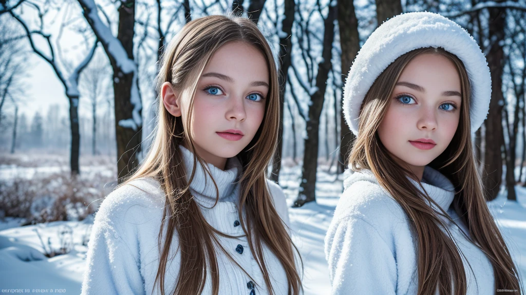 portrait, high quality, Ukrainian  fairy winter snow In the woods through the trees About , Blue eyes, Smooth skin, ((Best quality, 8 k, masterpiece :1.3)), 1 girl, Beautiful girl , Casual outfit :1.2, In the woods, ultra detailed face, detailed eyes, double eyelid