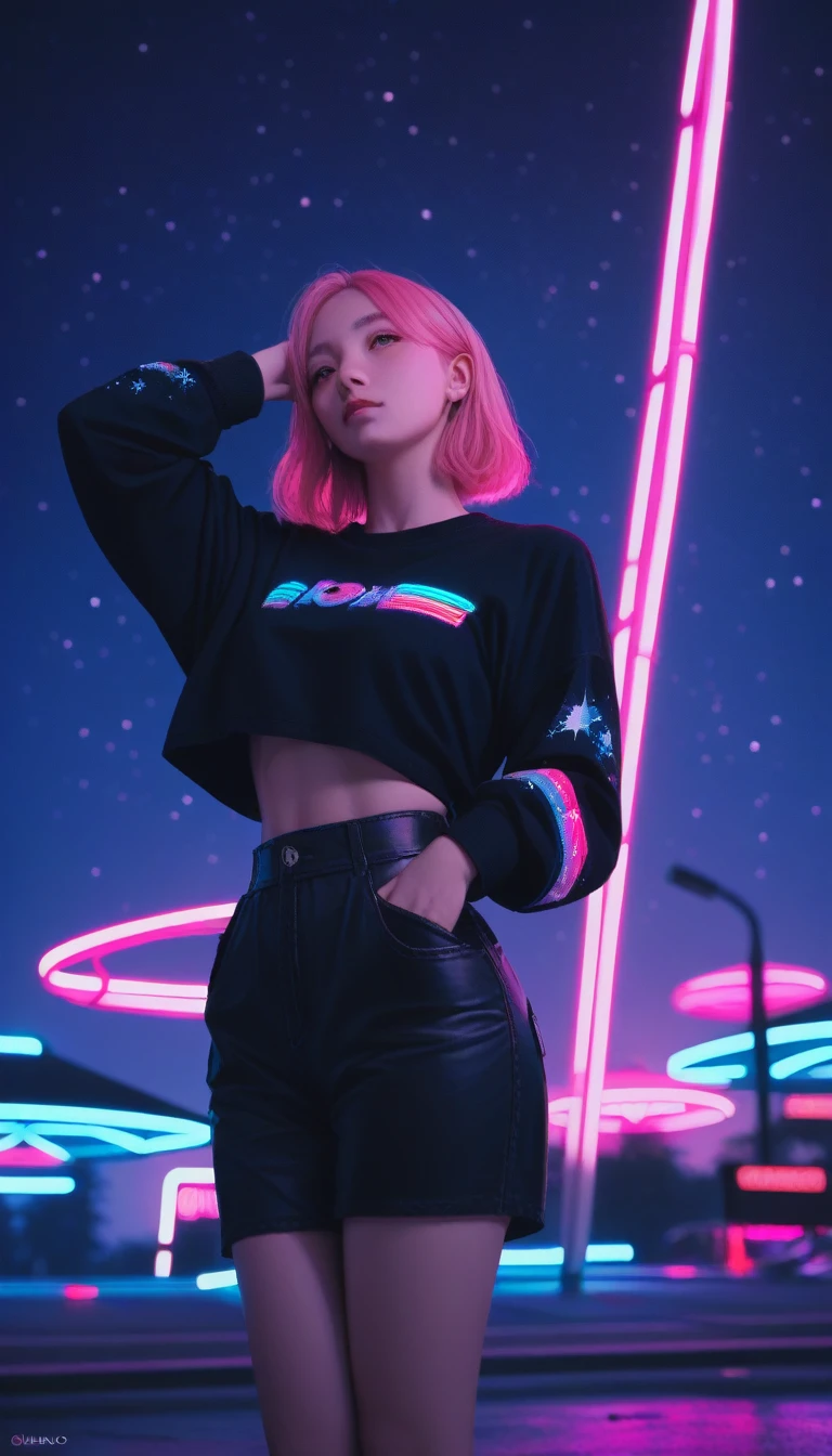 score_9_up, score_8_up, score_7_up, score_6_up, Woman with long pink hair, night, neon, UFO, , Galaxy Background, neon lights, Black clothes with LEDs, 4K  