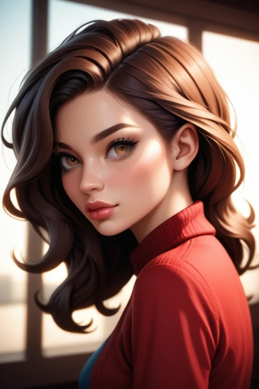 Tall hispanic woman with expressive hazel eyes and long wavy dark brown hair; warm light-olive skin; hourglass build; (soft face with full lips); ample bosom; best quality; trending on artstation; complex volumetric lighting; strong shadows; artistic lighting; dynamic; energetic vibe; realistic skin; specular highlights; micro-textures; highly detailed hair; at the marina watching the sunset; high tech; dystopia; consumerist