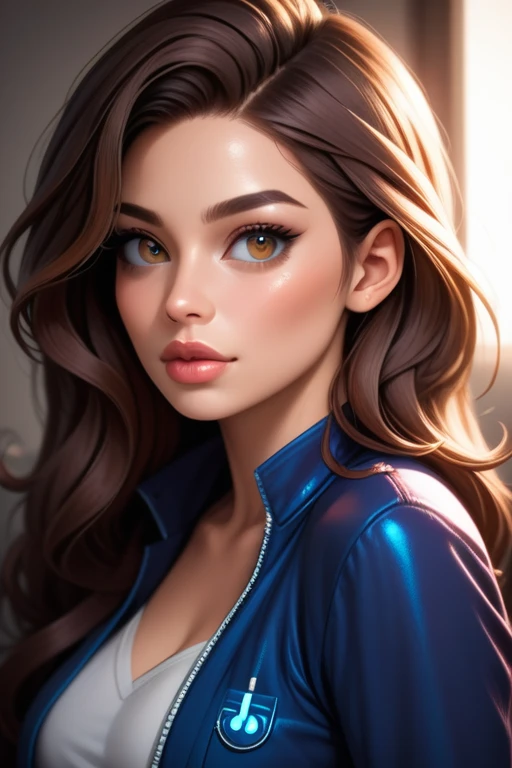 Tall hispanic woman with expressive hazel eyes and long wavy dark brown hair; warm light-olive skin; hourglass build; (soft face with full lips); ample bosom; best quality; trending on artstation; complex volumetric lighting; strong shadows; artistic lighting; dynamic; energetic vibe; realistic skin; specular highlights; micro-textures; highly detailed hair; at the marina watching the sunset; high tech; dystopia; consumerist