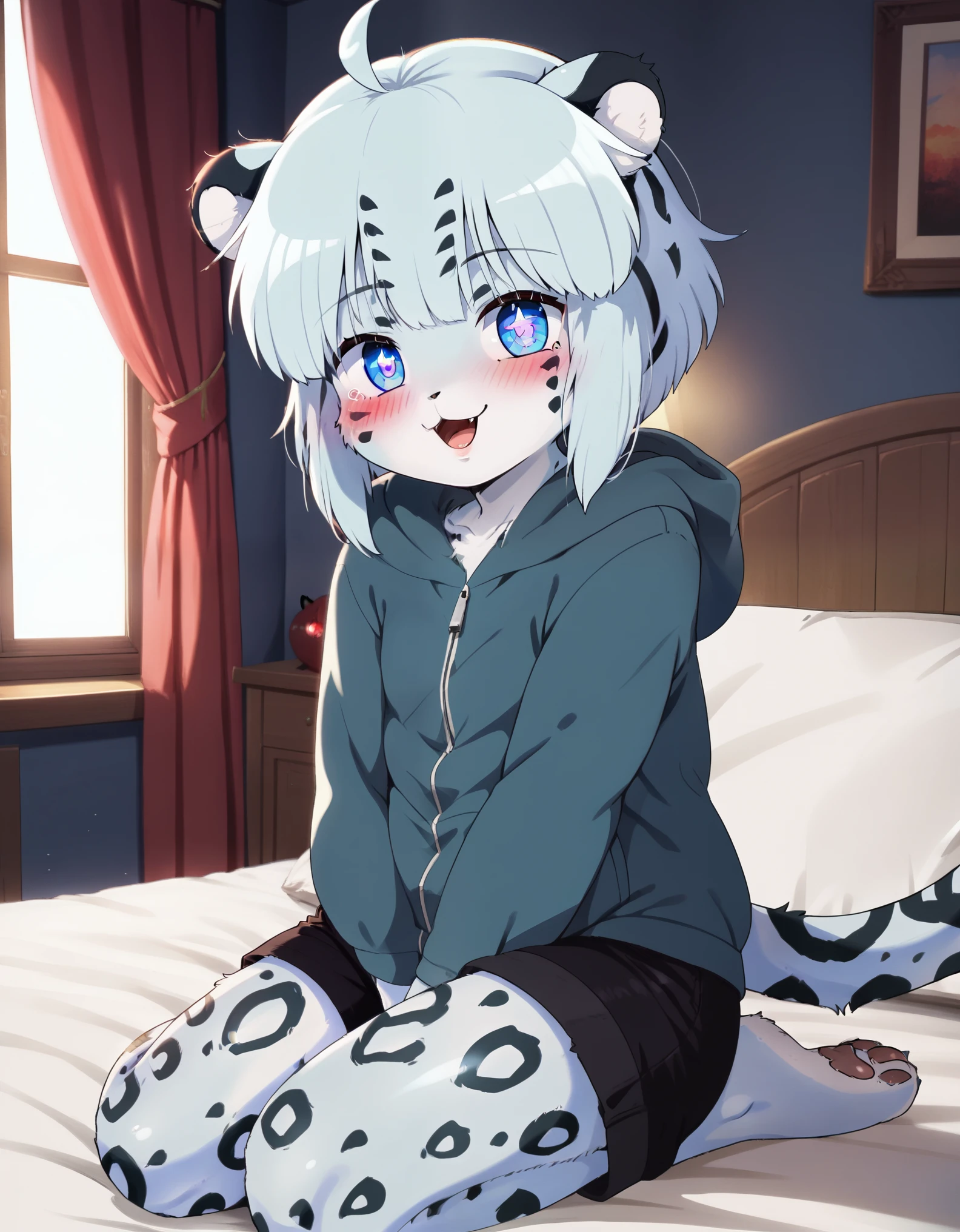 1990s \(style\), retro anime, scanlines, 1990, solo, 1girl, looking at viewer, sitting,, solo, 1girl, female, dagasi_style, cheetah white skin,, furry, kemono, anthro, cute face, young, white hair, blue eyes, fluffy body, body fur, short hair, ahoge, bangs, animal ears, tail, leopard ears, leopard tail, detailed eyes, brilliant eyes, 4 fingers, pawpads, perfect anatomy, detailed skin, detailed eyes, detailed lips, perfect hands, perfect face, happy, :D, BREAK black shorts, short shorts, hoodie, hood, BREAK seated on bed, bed, bedroom, blue room, looking at viewer, indoors, colorful, dutch angle, BREAK ((ultra-detailed)), ((best quality)), ((best quality)), ((beautiful eyes)), ((extremely detailed)), 4K, (8K), best quality, (beautiful), Master piece, highres, score_9, score_8_up, score_7_up, score_6_up, colorful, best quality, official art, highres, masterpiece, nai3, god light, detailed background, high quality background,