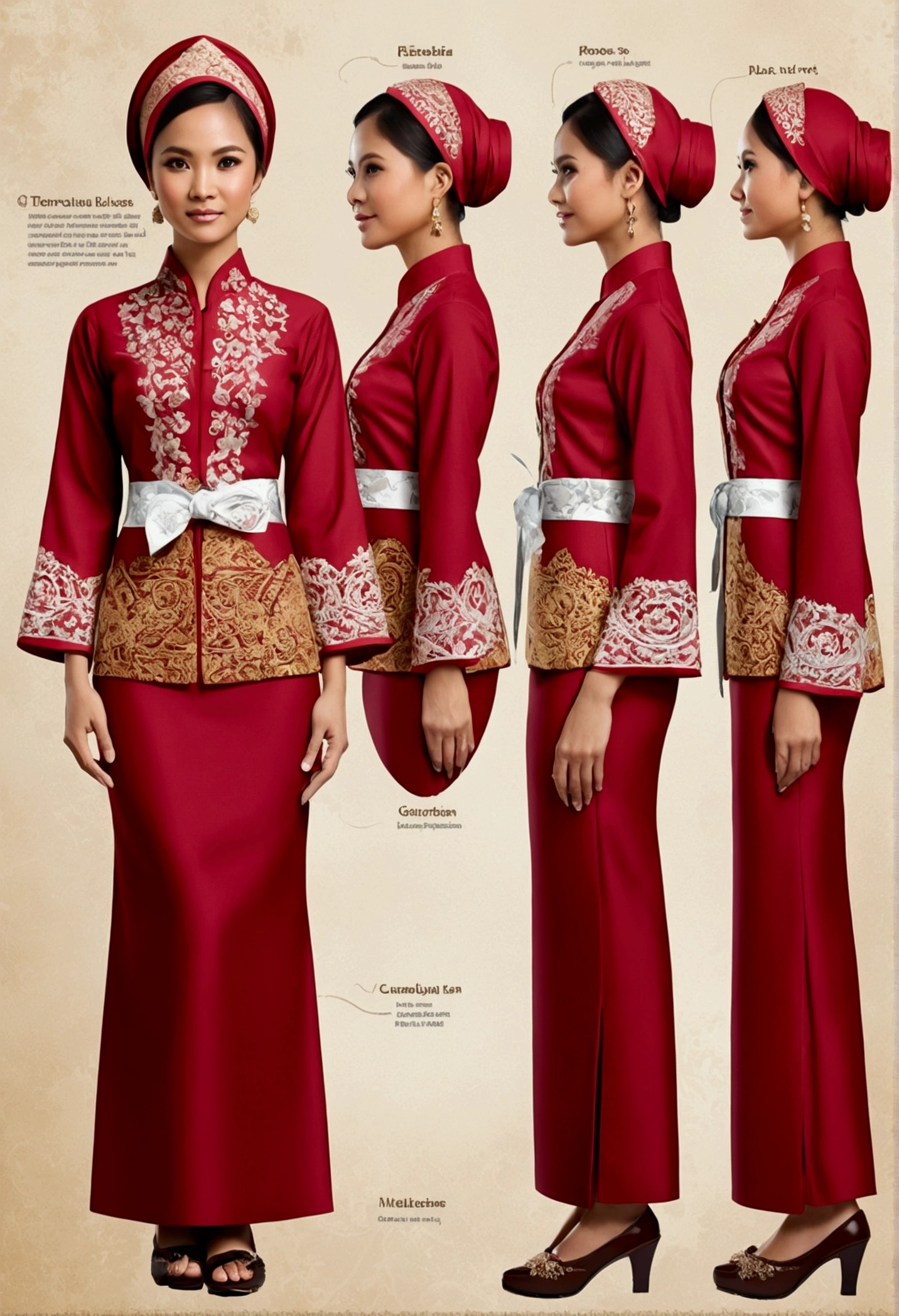 Create a practical yet refined outfit for commoners in a society inspired by puteri gunung ledang with Malaysia Kebaya clothing influences. The clothing should be made from durable, comfortable materials and feature simple yet elegant designs. Utilize shades of red and incorporate batik motifs in the patterns and embroidery. The outfit should blend the functionality of Malay workwear with the flowing lines of Malaysia Kebaya attire. Accessories should be minimal but functional, such as sashes, simple jewelry, headbands, and traditional Malay shoe. The overall look should reflect the commoners' respect for strength and honor, while being suitable for daily activities. reference sheet, character chart, (((three-sided view, front front view, side view, back view, multiple views, multiple poses and expressions, many parts))), give space to each view, 8K resolution, high details, high quality, highres, anatomically correct