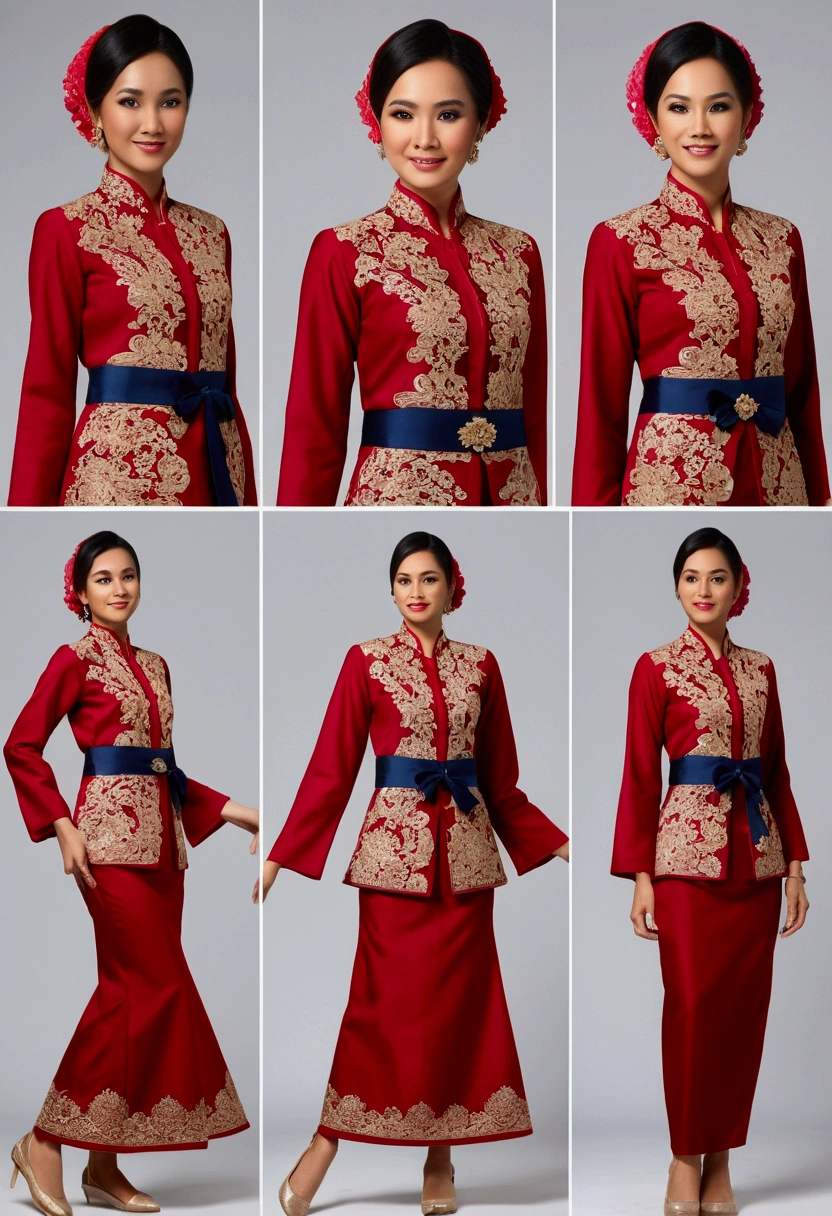 Create a practical yet refined outfit for commoners in a society inspired by puteri gunung ledang with Malaysia Kebaya clothing influences. The clothing should be made from durable, comfortable materials and feature simple yet elegant designs. Utilize shades of red and incorporate batik motifs in the patterns and embroidery. The outfit should blend the functionality of Malay workwear with the flowing lines of Malaysia Kebaya attire. Accessories should be minimal but functional, such as sashes, simple jewelry, headbands, and traditional Malay shoe. The overall look should reflect the commoners' respect for strength and honor, while being suitable for daily activities. reference sheet, character chart, (((three-sided view, front front view, side view, back view, multiple views, multiple poses and expressions, many parts))), give space to each view, 8K resolution, high details, high quality, highres, anatomically correct