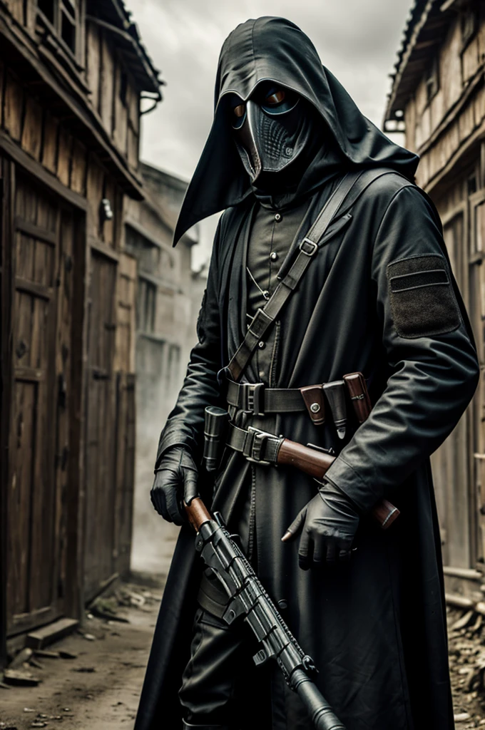 Plague doctor with paintball gun, soldier background, badass