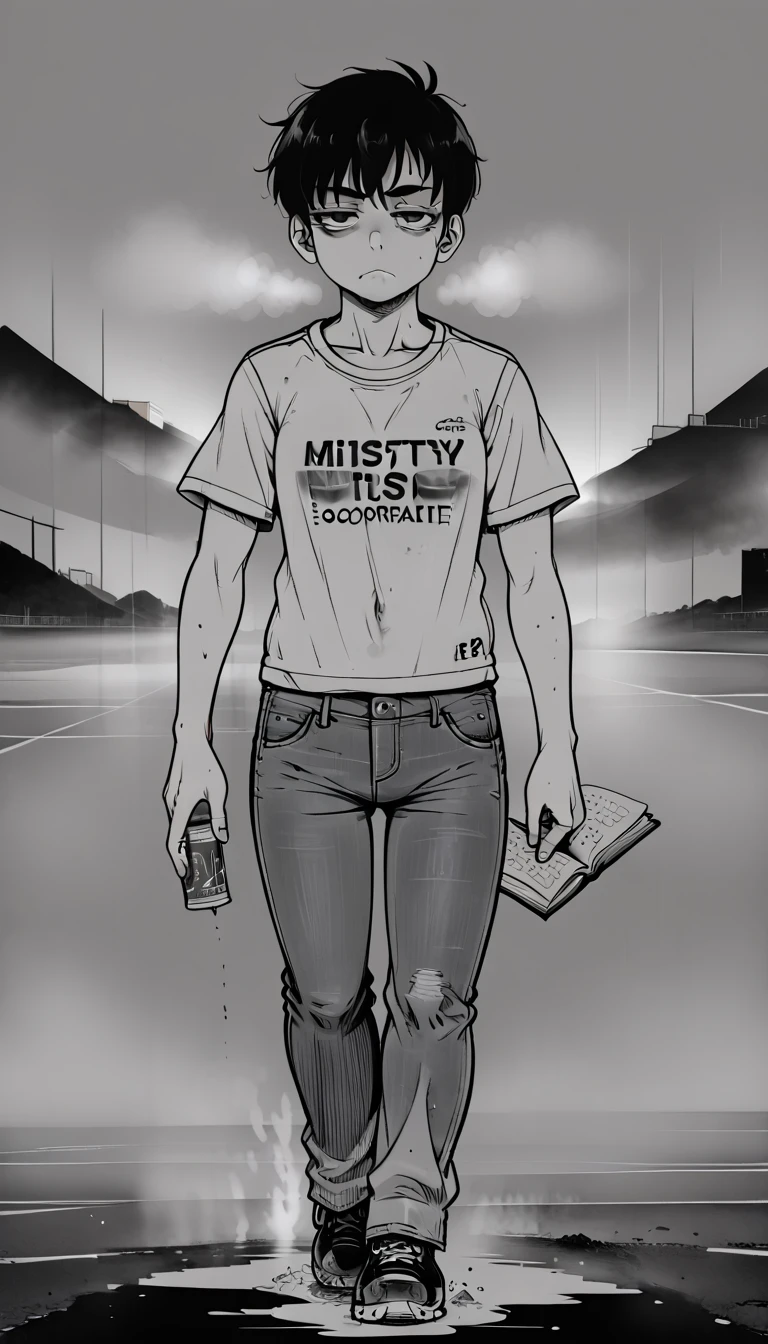 (zPDXL2),  score_9_up, source_anime, 2D, flat color, lineart, monochrome, greyscale, BREAK
1man, solo, fullbody, short messy black hair, brown eyes, ((tired face1.5)), ((walking, face to camera, centered pose), ((colored fog, deep mist, mistery atmosphere:1.25)), (book_cover), (dirt t-shirt, jeans, sport jacket), (pale skin), (drug addict), heavy atmosphere, glowing colored background, BREAK
AissistXLv2, unaestheticXL_bp5, SimplePositiveXLv2, zPDXL2 PonyXLV6_Scores