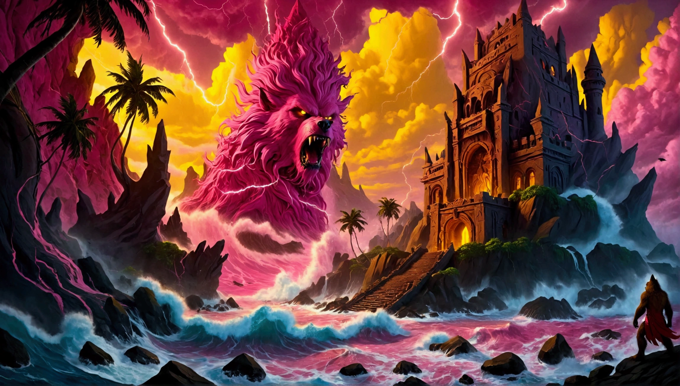 (Mysterious eerie tropical island citadel with intricate architecture:1.2), rocks and crushing waves), (yellow-pink thunderstorm with eerie werewolf face in the clouds:1.3), masterpiece in maximum 16K resolution, best quality, ultra detailed, aesthetics, absurdes.
