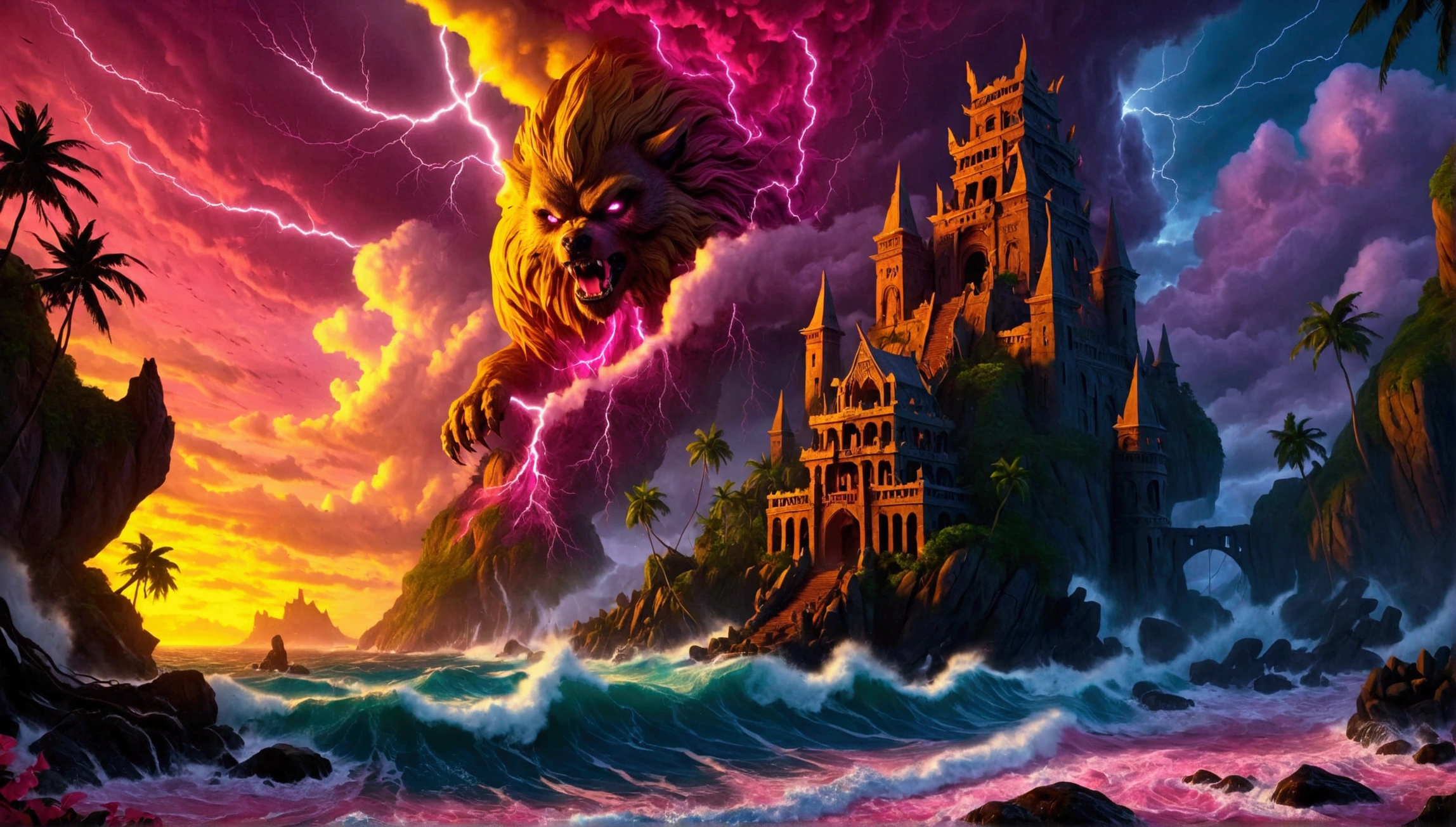 (Mysterious eerie tropical island citadel with intricate architecture:1.2), rocks and crushing waves), (yellow-pink thunderstorm with eerie werewolf face in the clouds:1.3), masterpiece in maximum 16K resolution, best quality, ultra detailed, aesthetics, absurdes.
