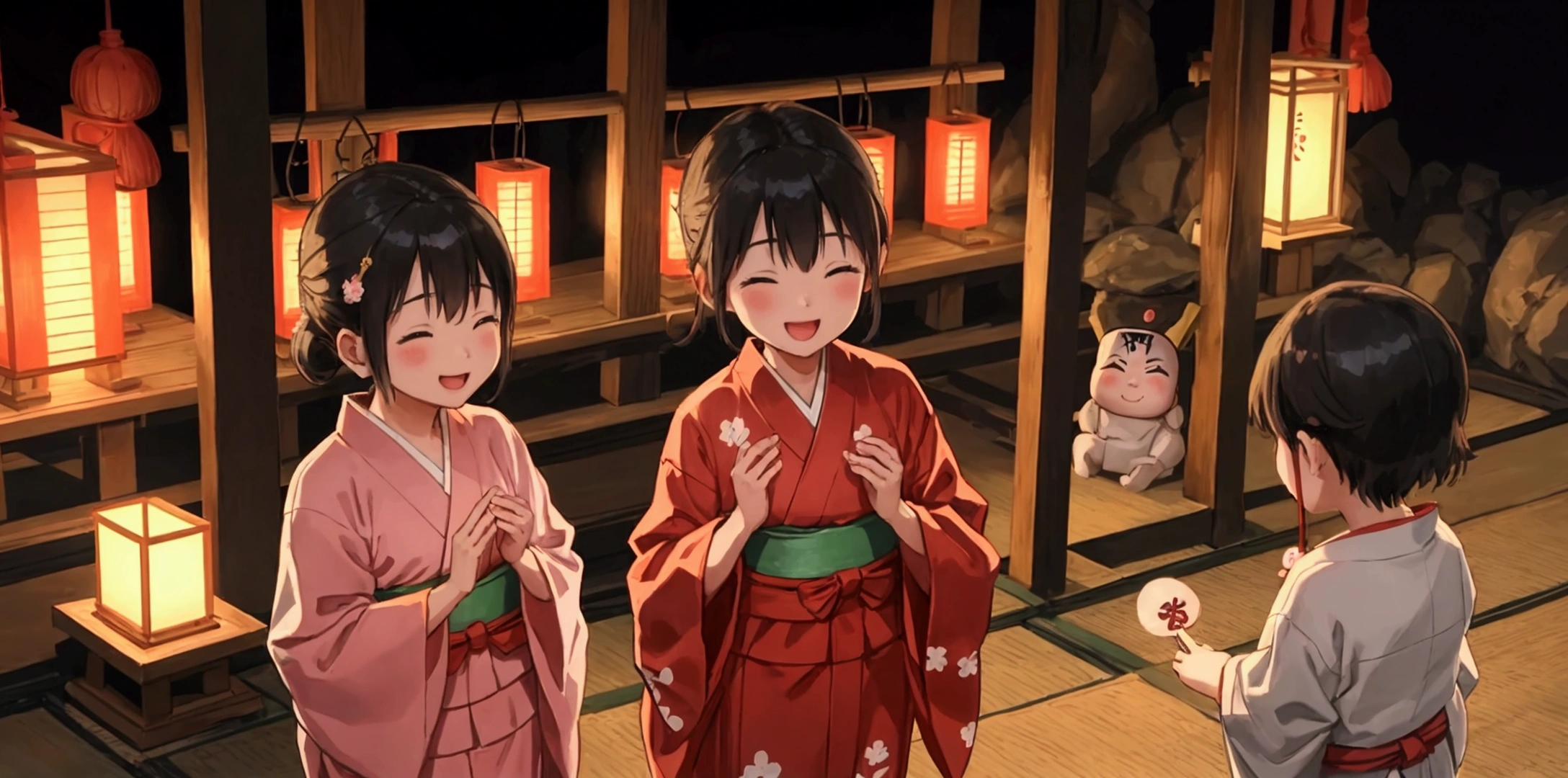 Jizo Bon、Japan、A large group of human children standing in front of Jizo、Laughing kids、Wearing a yukata、Shrine at night、