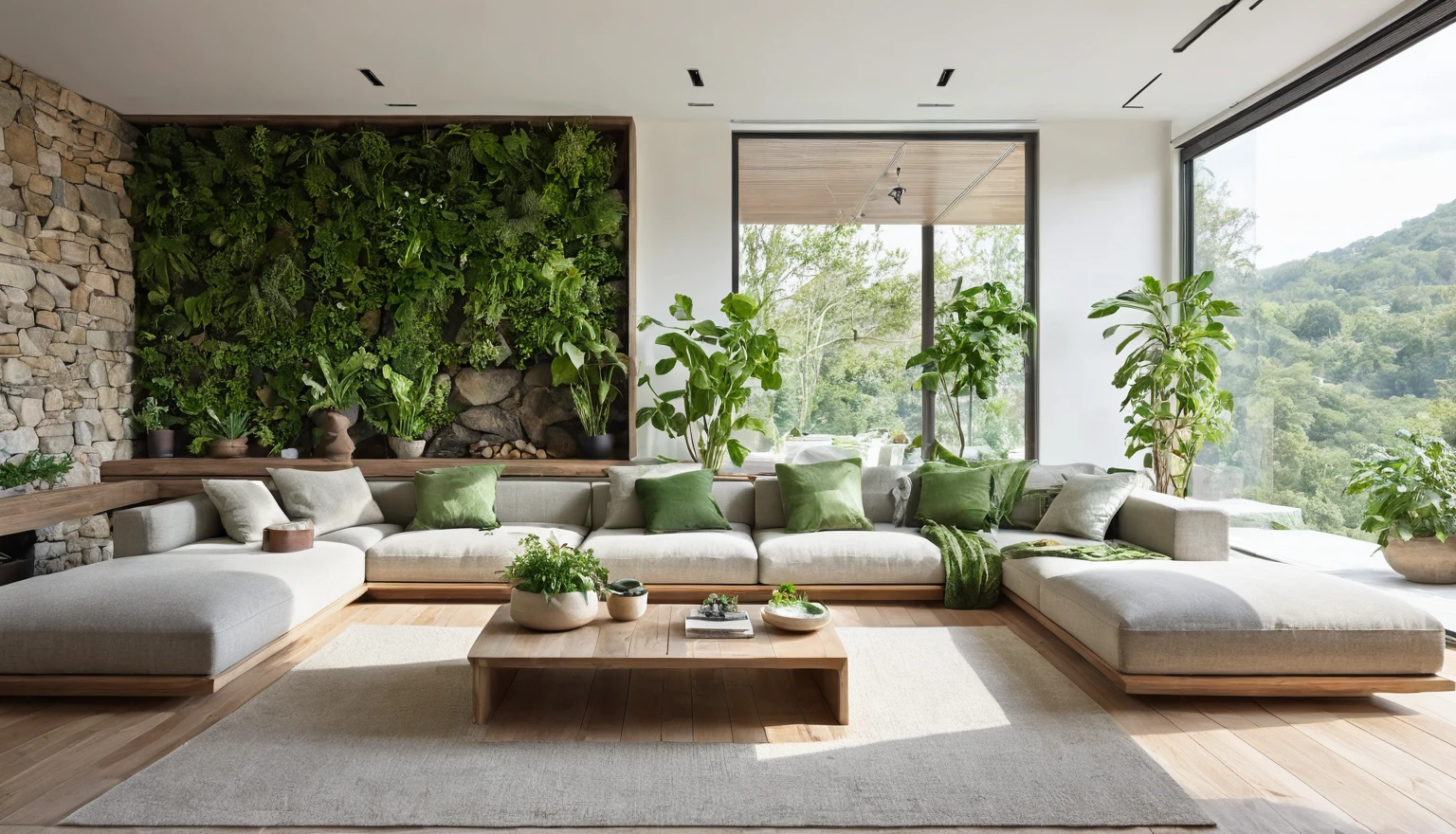 "modern living room, indoor plants, natural light, minimalistic furniture, natural materials, wood, stone, green accents, tranquil atmosphere, harmony with nature"