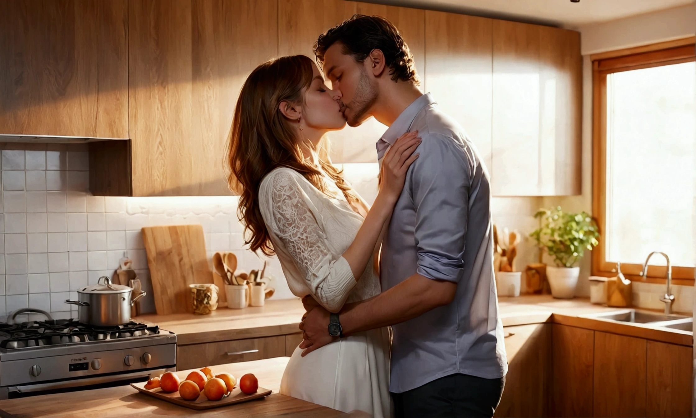 man and woman kissing, warm, romantic, kitchen, passionate, couple, fun, hyper realistic, ultra realistic, human, home vibe, happy, sexy, wallpaper, anime, full body, erotic, sensual
