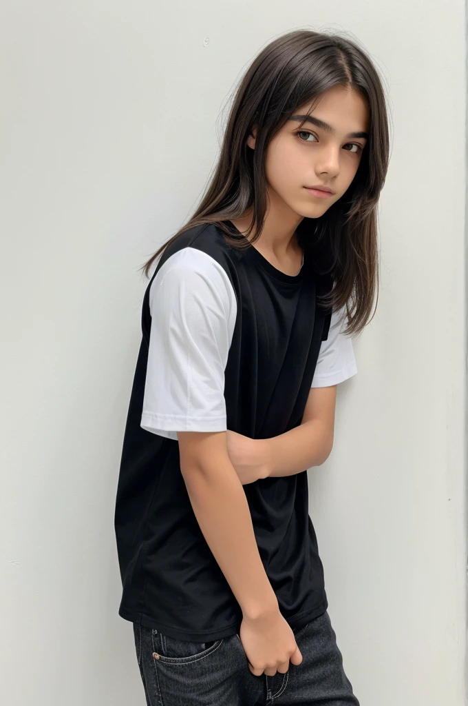 A age boy with silky hair wearing black shirt and giving pose behind white wall
