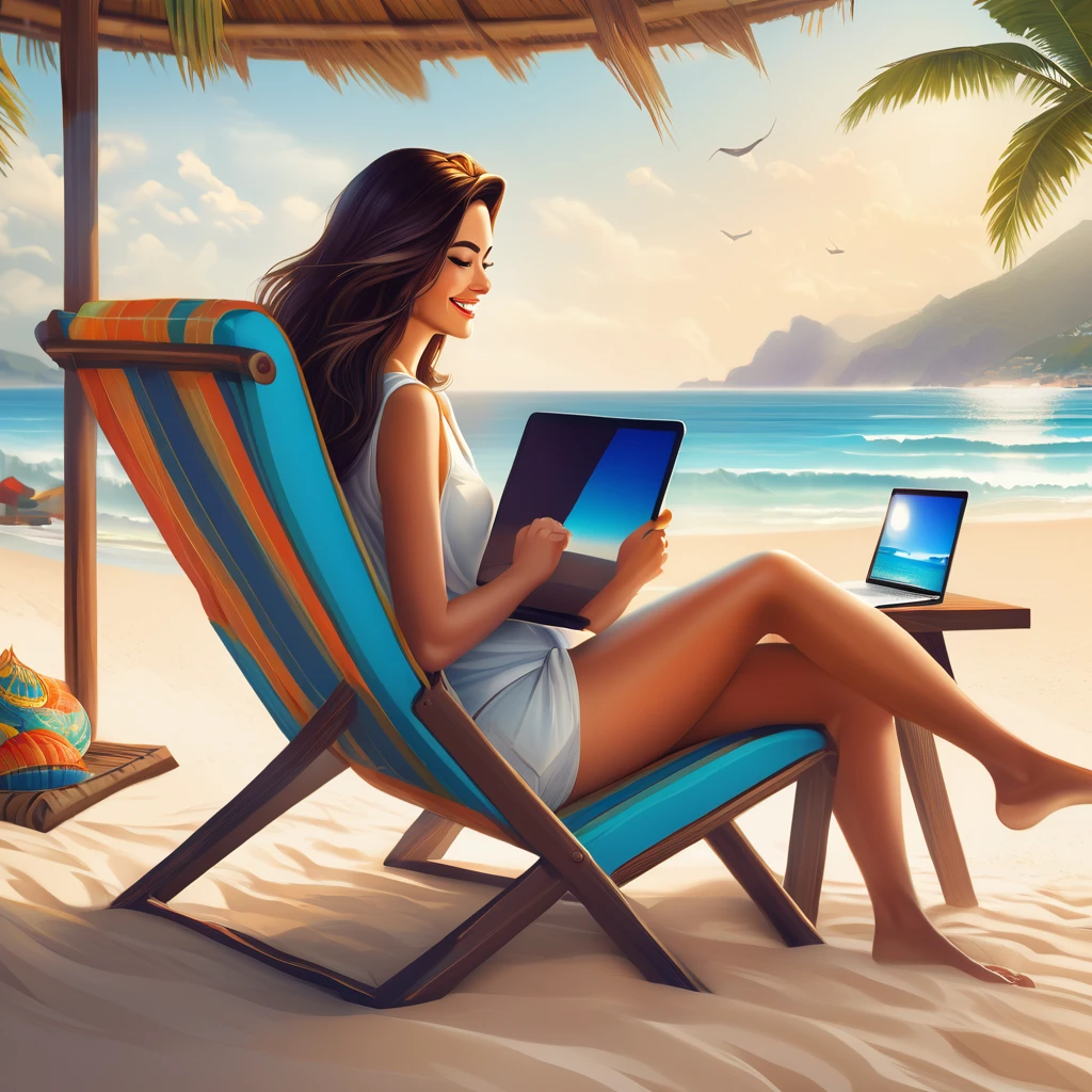 Metade desna (Marketing Digital) man background: A sunny beach with white sand and blue sea, or a modern, well-decorated home with a panoramic view of an exotic location.
persona: the same person (for contrast effect), now wearing casual and comfortable clothes, sitting on a beach chair with a laptop or tablet in her hands, working remotely.
Additional Elements: A cocktail or juice on the side, a satisfied smile on your face and a relaxed posture. Maybe there&#39;s an open suitcase next to it, suggesting the flexibility of traveling.
atmosphere: Bright and colorful, with a feeling of freedom, joy and personal fulfillment. O sol brilha intensamente, criando um ambiente acolhedor e vibrante.
Left Text: "Traditional Work: No Freedom"
desna: "Marketing Digital: Free and Flexible Life