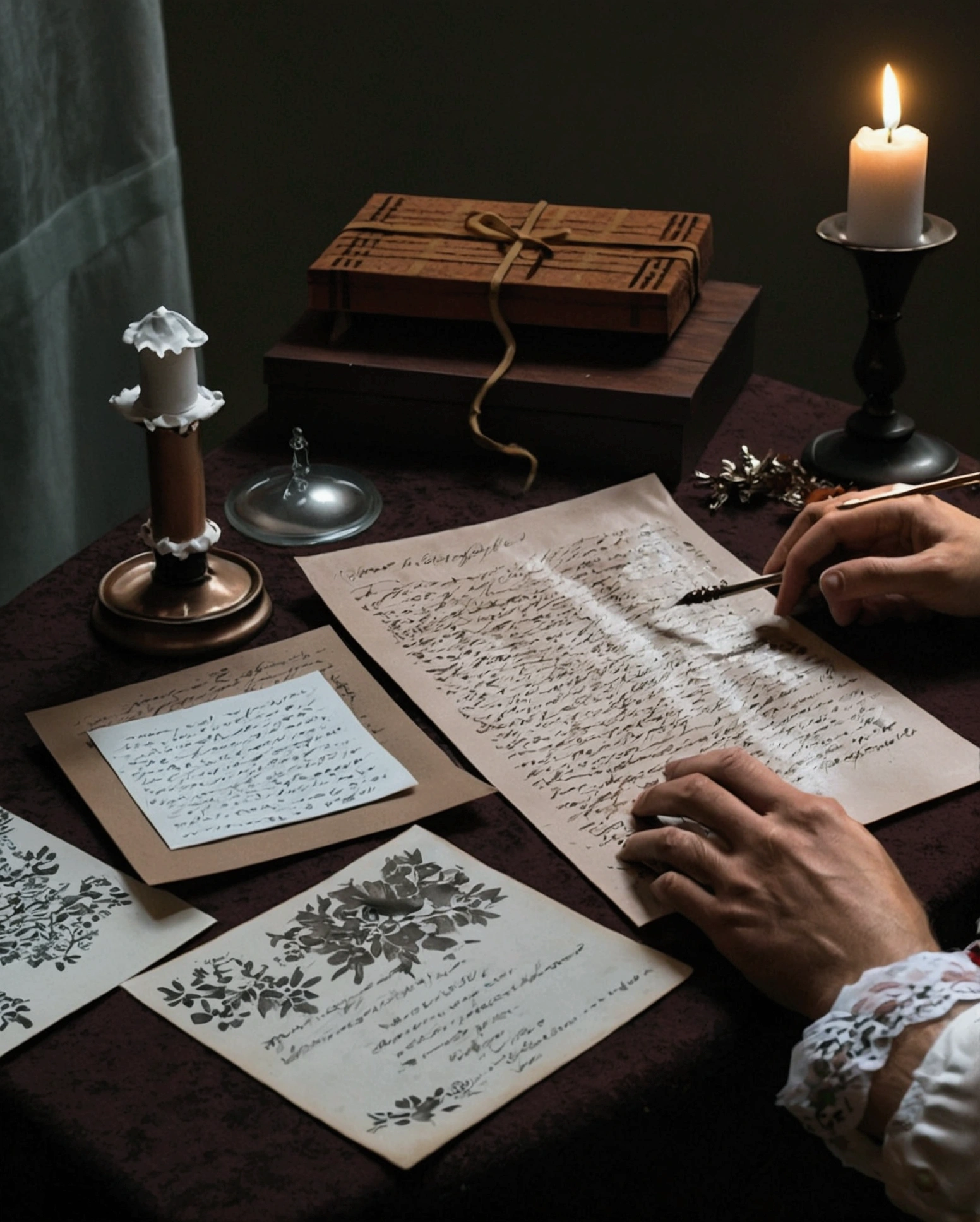 A man writing a letter while a strange black mist surrounds his hand, elegant, fearsome, beautiful.