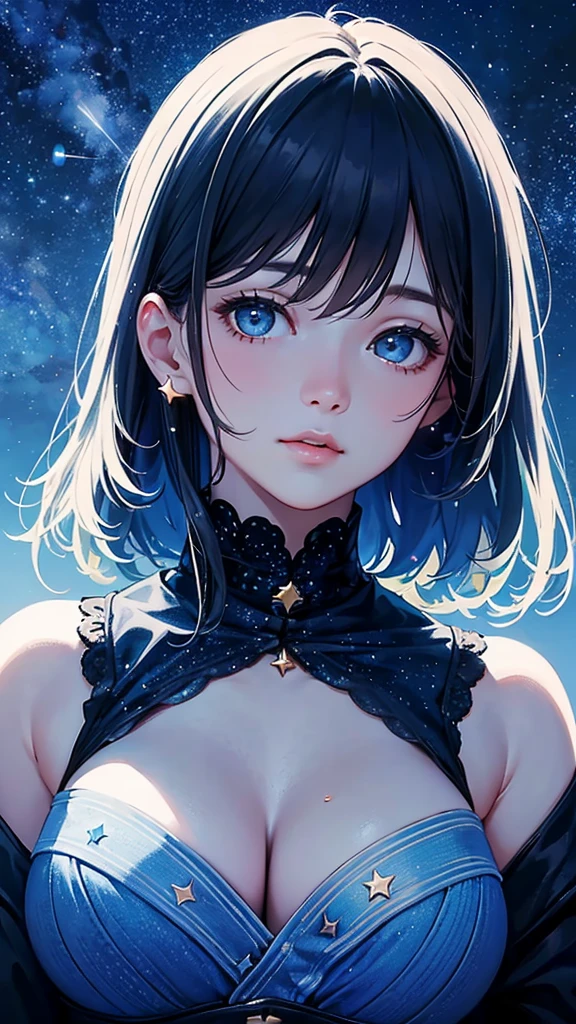 ((masterpiece))、((Highest quality))、((Realistic feel))、((Starry Sky:1.6))、Pitch Black、Deep in the forest、Moonlight shines、Immersion、Cool blue shade、1People Girls、Optical Tracking、The sky is high、Dim and dim、High Contrast、Super beautiful graphics、Warm texture