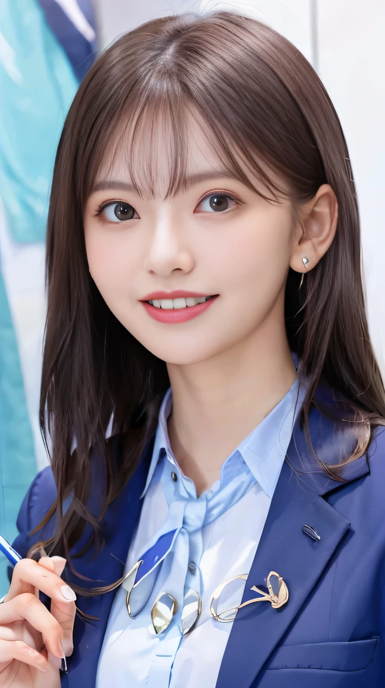 Highest quality:1.2), RAW Photos, High resolution, Very detailed, Intricate details, Wavy Hair、、ear piercing、smile、Beautiful teeth alignment、Black Hair(Front view, ), Clear beauty,(High quality fabric, Office Lady Suits )、Necklace around the neck、, The background is the office