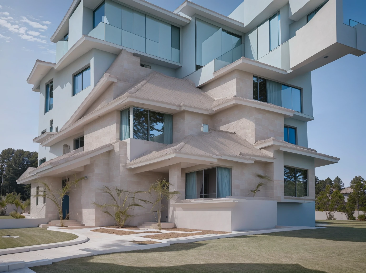 Modern Exterior design of 2 story villa,(masterpiece), best quality,8K,no humans, tree, pale blue sky, reflection, grass,window,  