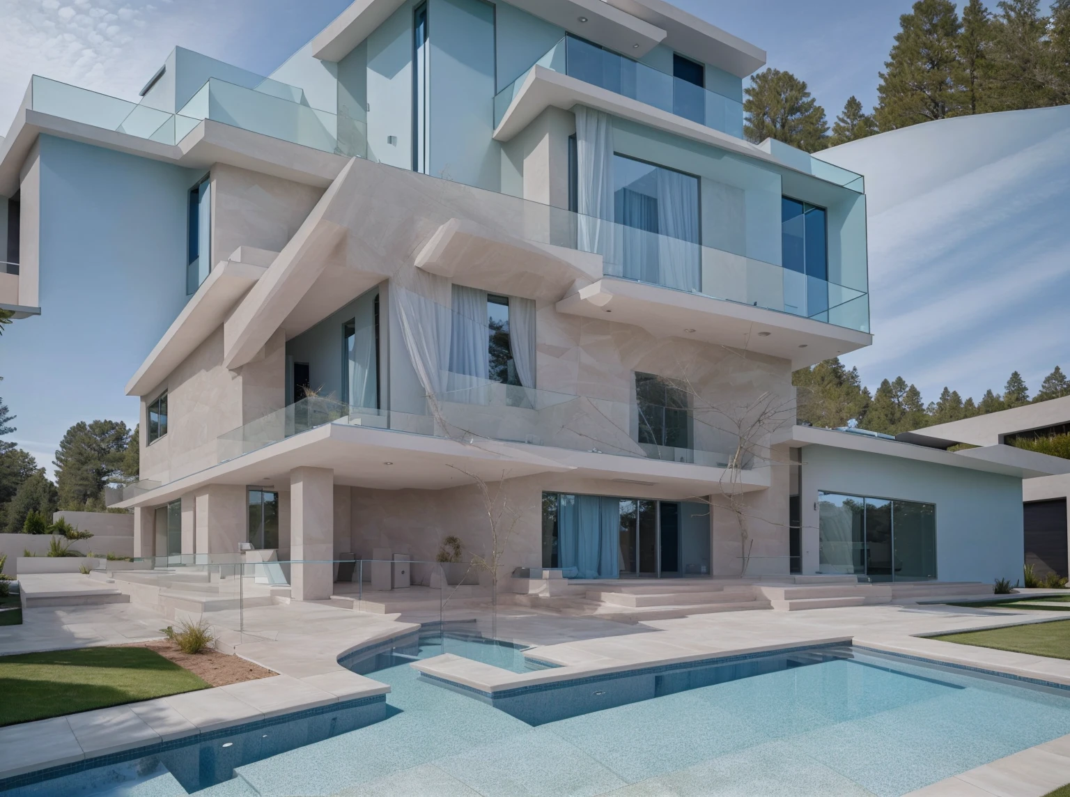 Modern Exterior design of 2 story villa,(masterpiece), best quality,8K,no humans, tree, pale blue sky, reflection, grass,window,  