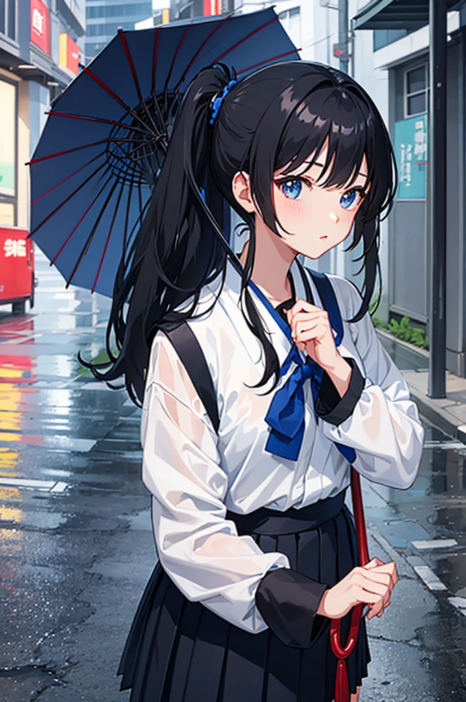 Rainy Day，A girl girl double ponytail black hair，Wearing Japanese blue and white school uniform，Right hand holding a red umbrella on the street