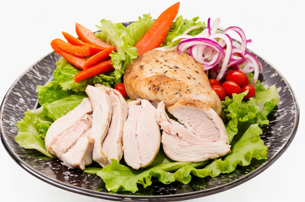 there is a plate of food with chicken, vegetables and lettuce, best on adobe stock, on clear background, background is white, salad, the background is white, high quality food photography, high quality product image”, on a gray background, plain background, high quality image, shutterstock, on grey background, high quality photos, white bg, transparent background