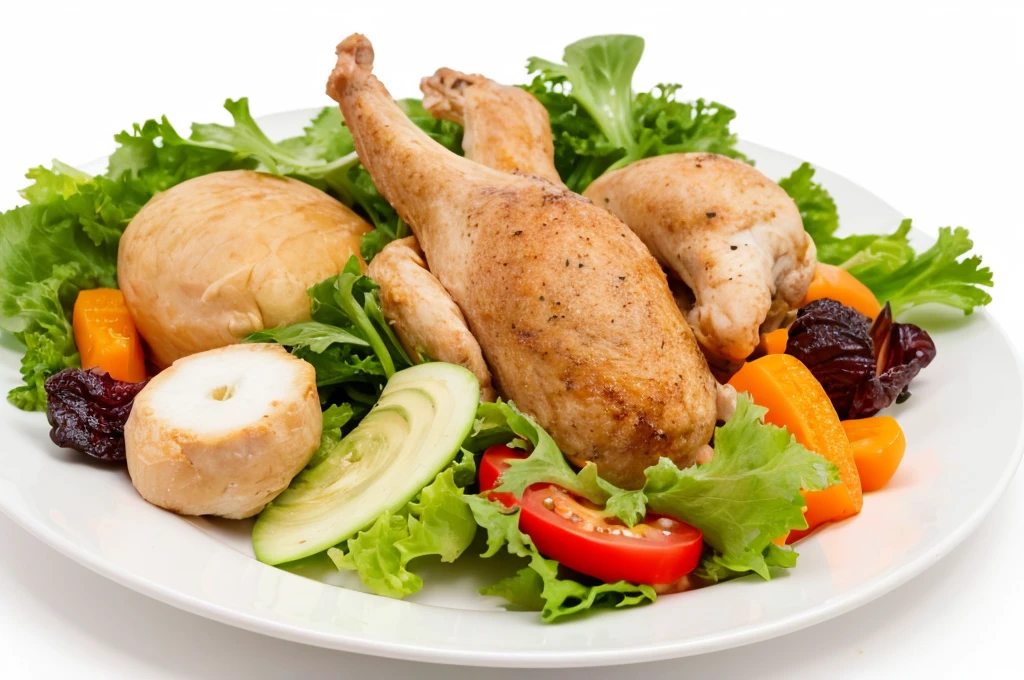 there is a plate of food with chicken, vegetables and lettuce, best on adobe stock, on clear background, background is white, salad, the background is white, high quality food photography, high quality product image”, on a gray background, plain background, high quality image, shutterstock, on grey background, high quality photos, white bg, transparent background