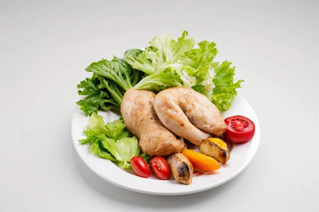 there is a plate of food with chicken, vegetables and lettuce, best on adobe stock, on clear background, background is white, salad, the background is white, high quality food photography, high quality product image”, on a gray background, plain background, high quality image, shutterstock, on grey background, high quality photos, white bg, transparent background