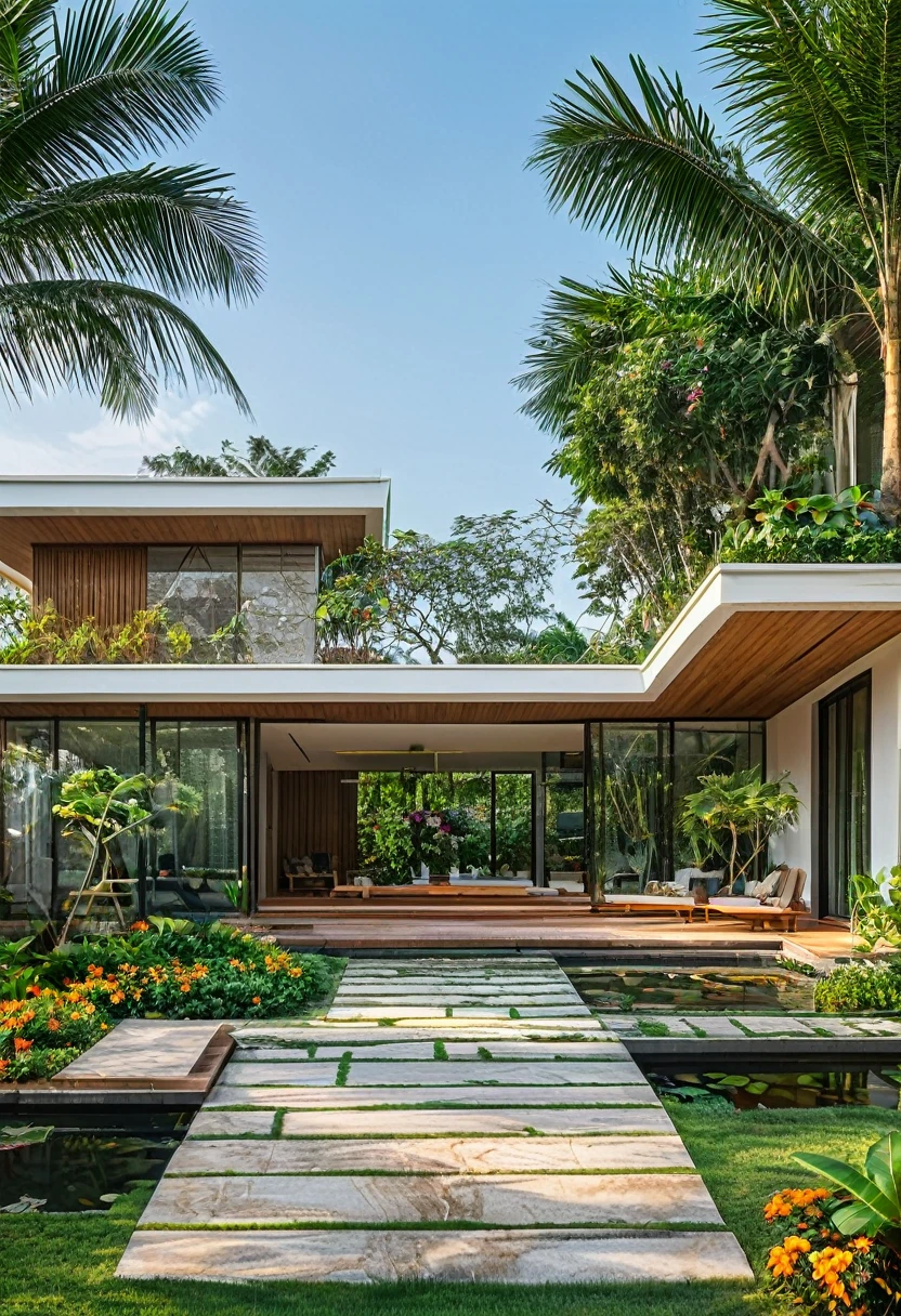 A garden villa typically features luxurious and spacious architecture. It is often designed with an open space leading to a lush tropical garden and a small pool at the back of the house. This creates a peaceful and relaxing environment for the homeowners to enjoy,dynamic (RAW photo, real, best quality, masterpiece:1.2), (hyper realistic, photo-realistic:1.2), high quality, (dark lighting:1.2), perfect lighting, archdaily, architecture digest award wining sustainable architecture, cinematic