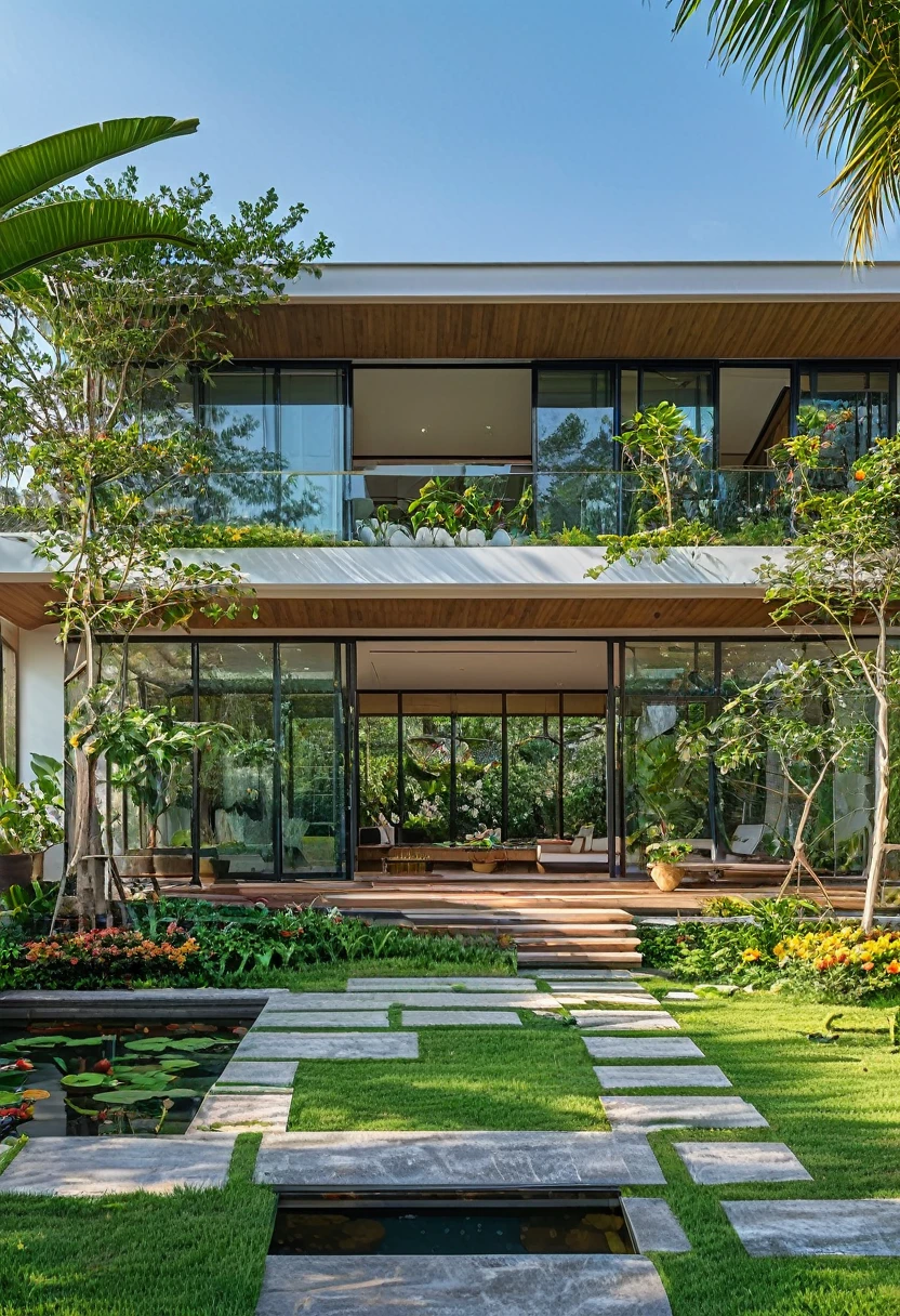 A garden villa typically features luxurious and spacious architecture. It is often designed with an open space leading to a lush tropical garden and a small pool at the back of the house. This creates a peaceful and relaxing environment for the homeowners to enjoy,dynamic (RAW photo, real, best quality, masterpiece:1.2), (hyper realistic, photo-realistic:1.2), high quality, (dark lighting:1.2), perfect lighting, archdaily, architecture digest award wining sustainable architecture, cinematic
