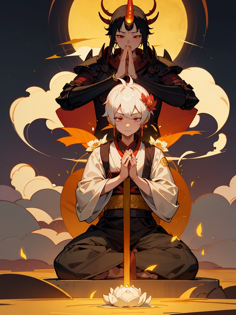 Dragon-scared Kannon Bodhisattva,Burning Eyes, horn, white short hair, black armor, torii, man, full moon, hands together in prayer, Zen meditation Golden guardian dog iPhone  Lotus flower field Paradise 機械