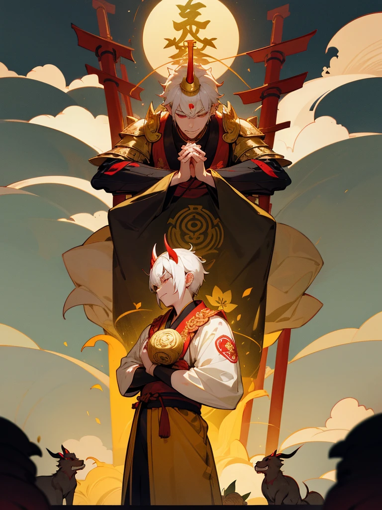 Dragon-scared Kannon Bodhisattva,Burning Eyes, horn, white short hair, black armor, torii, man, full moon, hands together in prayer, Zen meditation Golden guardian dog iPhone Lotus flower field Paradise 機械