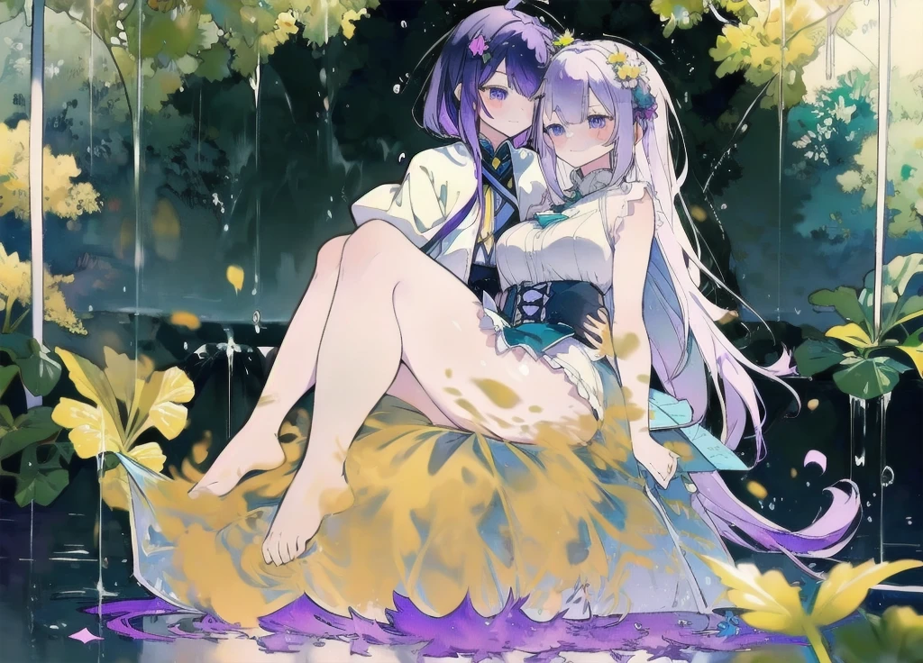 Two girls touching lips，A girl with purple hair，Transparent purple eyes，Another girl with yellow hair，Clear blue eyes，Medieval Lolita Style Clothing，Sit and hug，Look at each other affectionately，Cool，Violet，iris，Sunshine，Surrounded by greenery，Transparent stream flowing，Tyndall effect，Light up the fire，starlight：1.8，Clear shape，Detailed description of appearance：Perfect beautiful clear appearance，Normal human body，Transparent colors，Transparent green，Light color strokes，{{{Transparent color：3.3}}}softbrush：1.8，Transparent character details，Perfect light color，pure，Transparent colors，greenish blue，suspended congress, face focus, ass grab, standing, hug, leg lock, breast press,straddling,arms around neck, lifting person