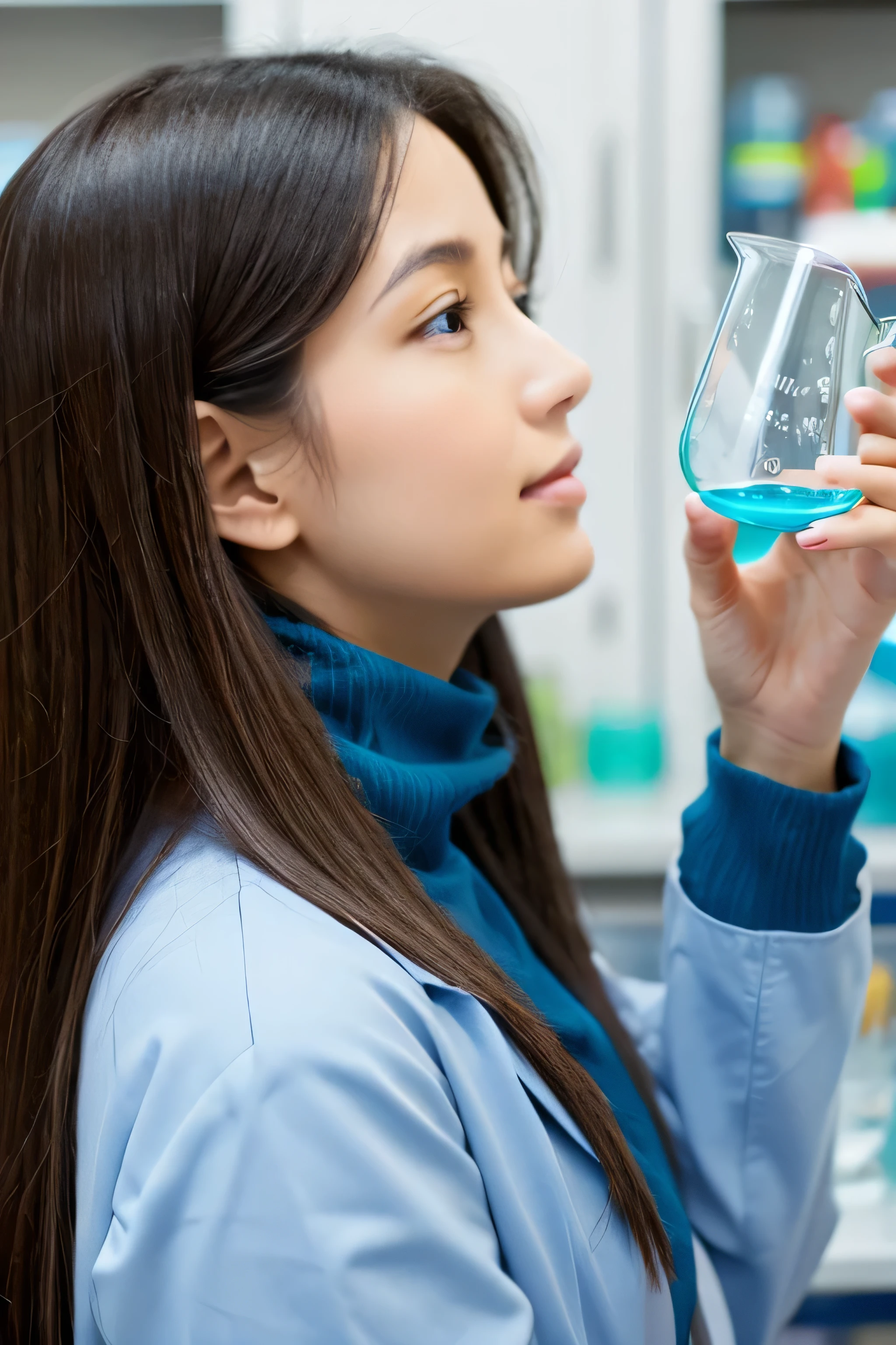 female scientist holding laboratory flask, from side view